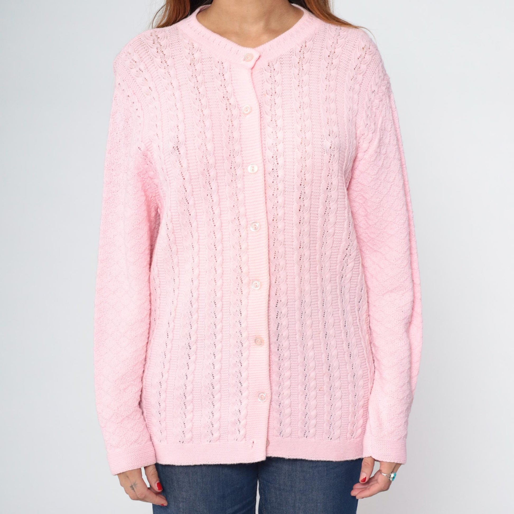 70s Baby Pink Pointelle Cardigan Button-Up Knit Sweater Medium