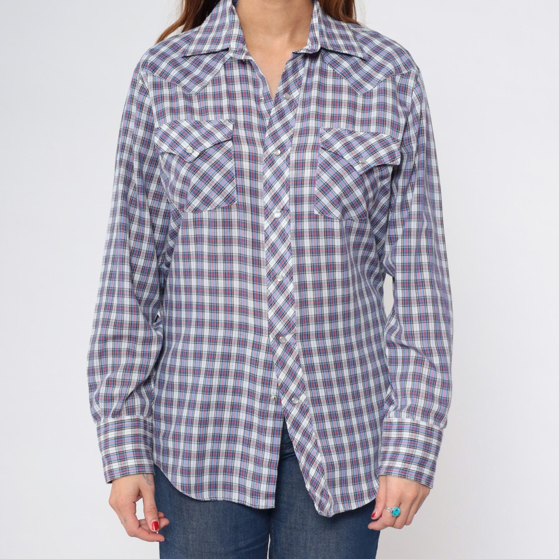 70s Sears Western Wear Plaid Pearl Snap Shirt Blue Red Checkered Men's Medium