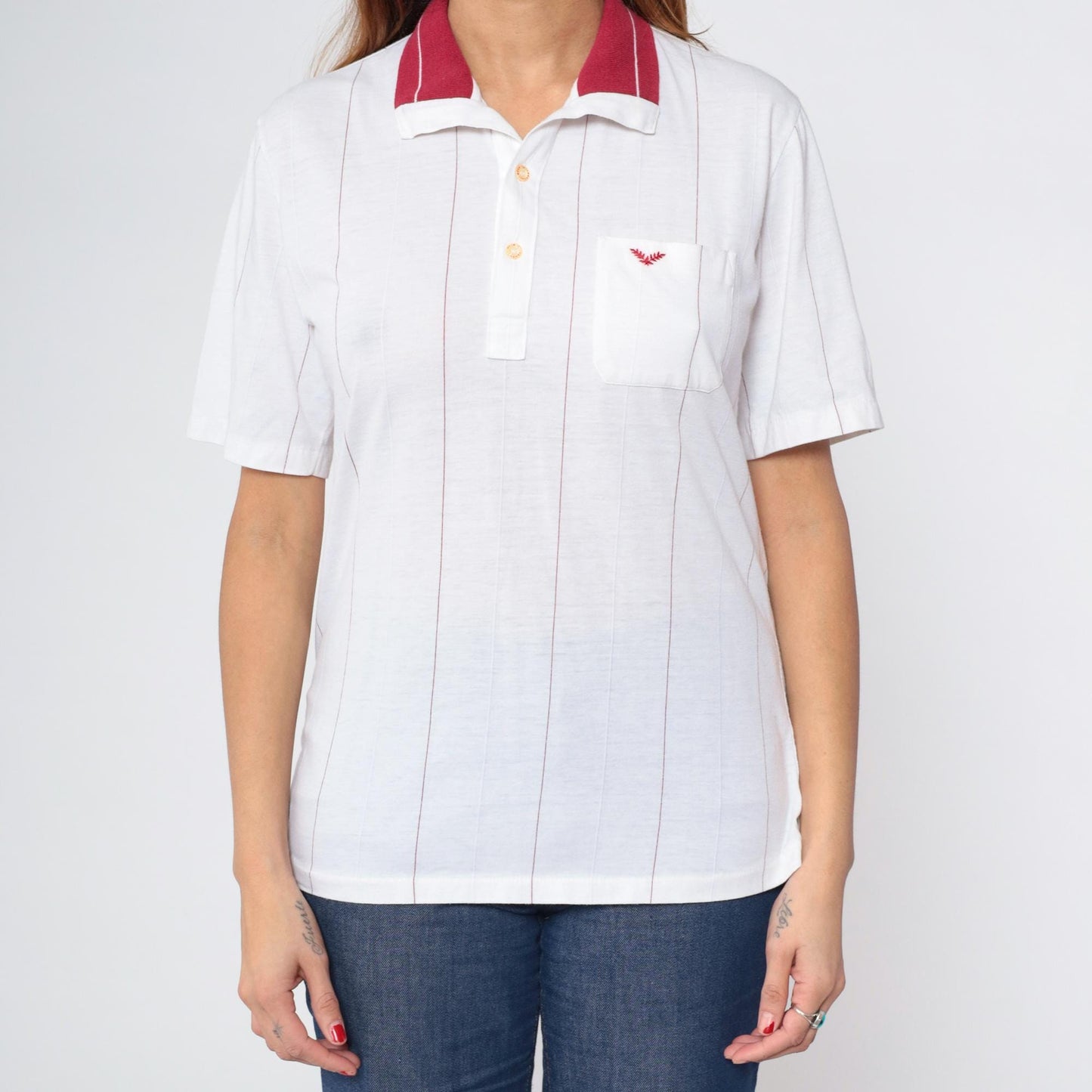 80s White Burgundy Striped Polo Shirt Embroidered Crest Quarter Button Medium