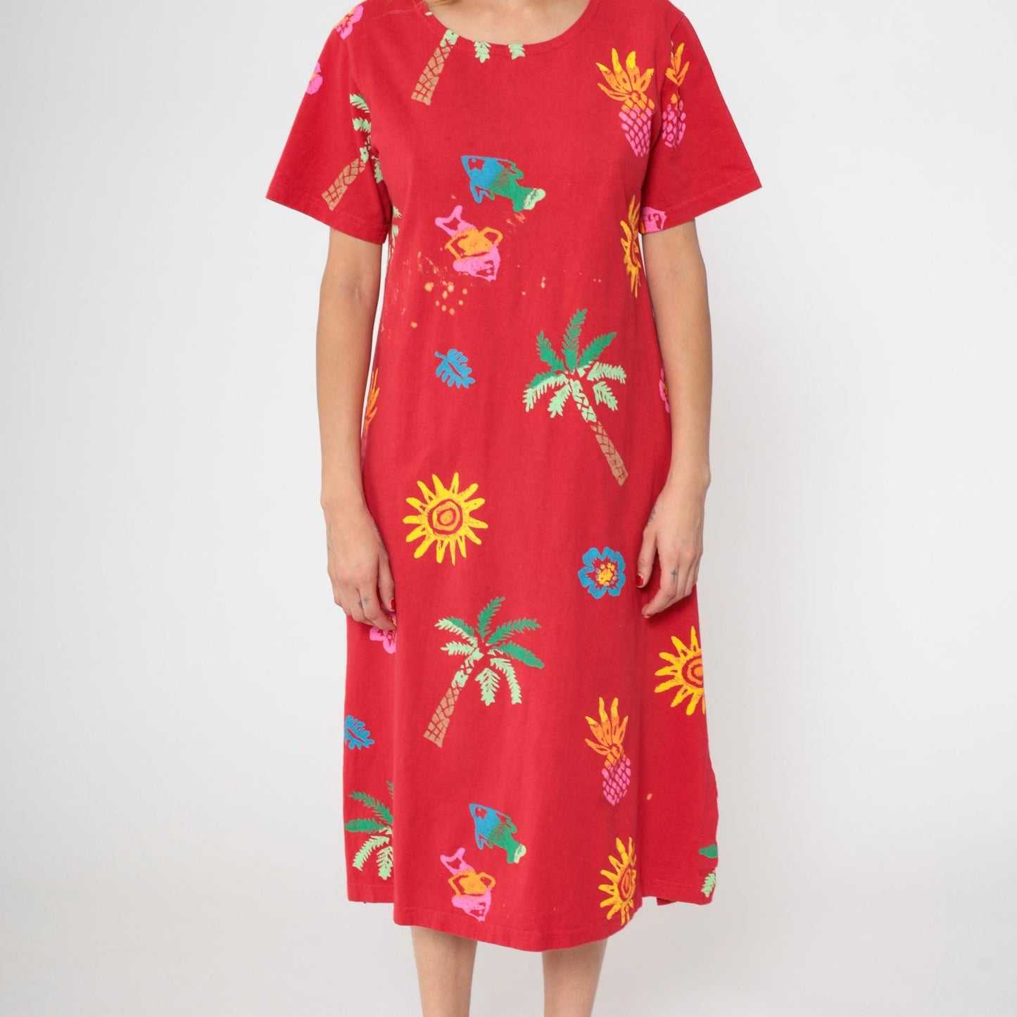 90s Coconut Bay Fish Print Midi Dress Red Tropical Shift Medium