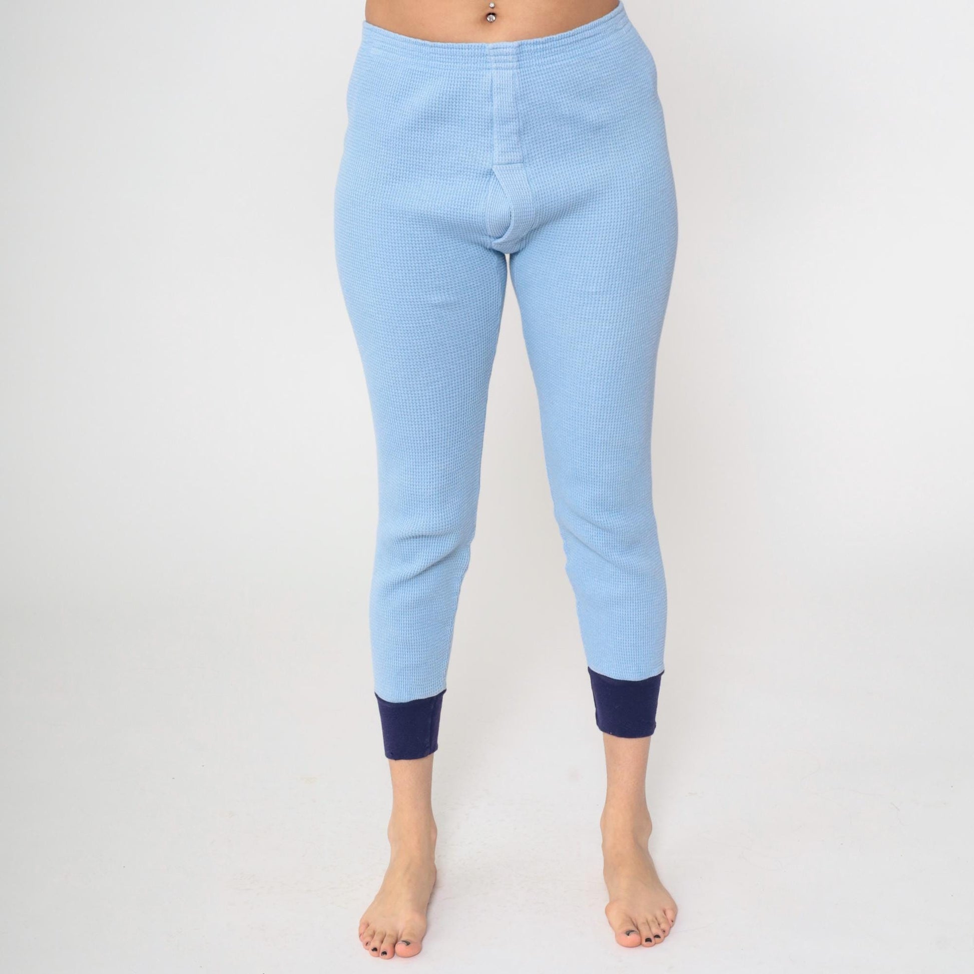 80s Baby Blue Waffle Knit Thermal Pants Long Johns Small Medium