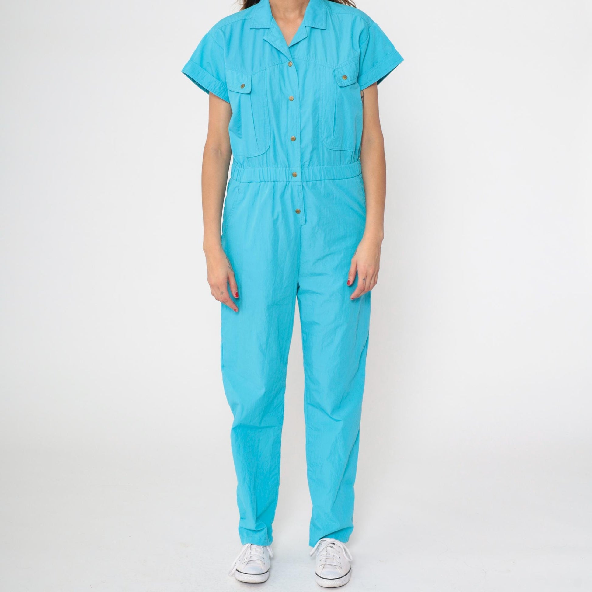 80s Turquoise Jumpsuit Snap Button High Waist Tapered Leg Small S