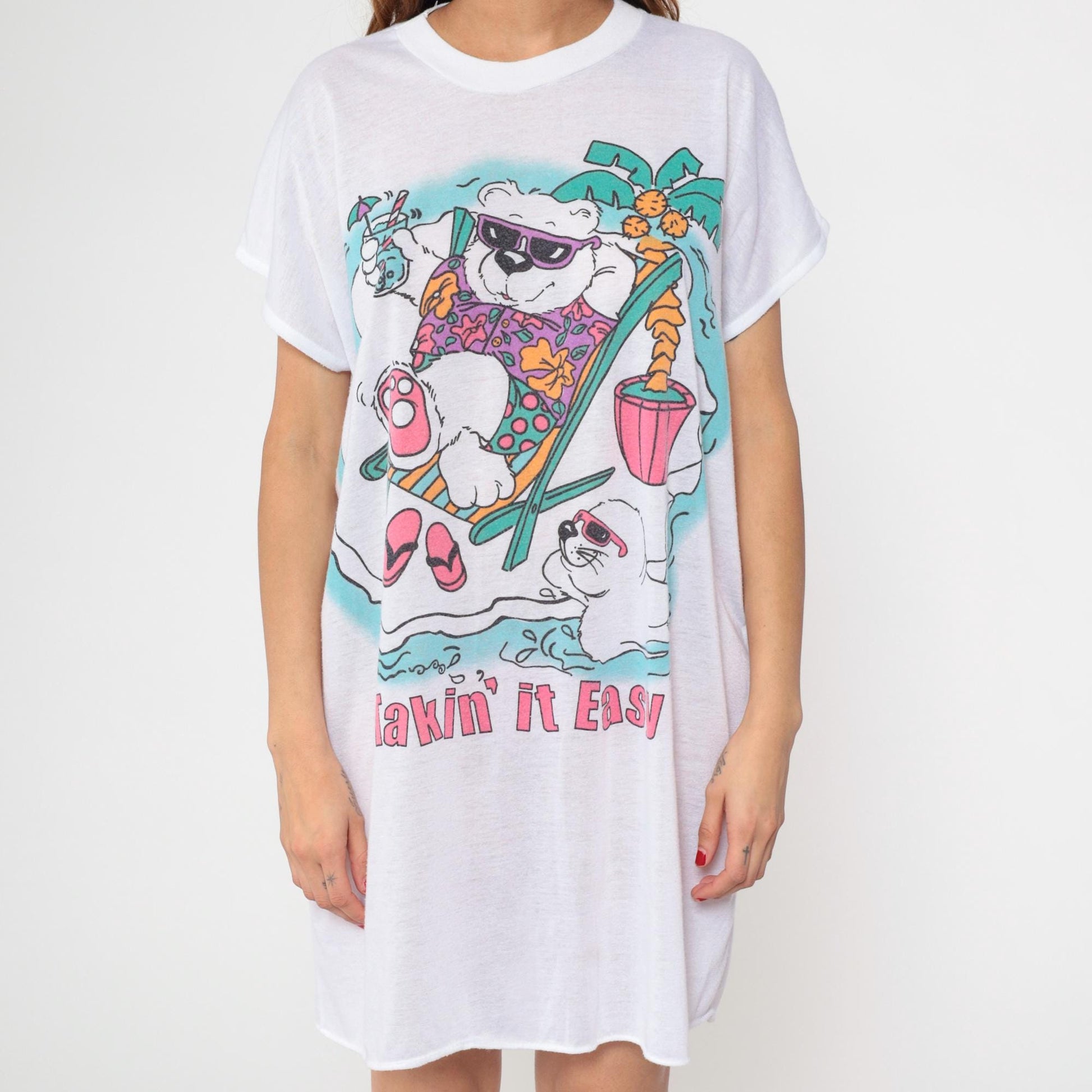 80s Tropical Beach Graphic T-Shirt Dress Bear Seal White Burnout One Size