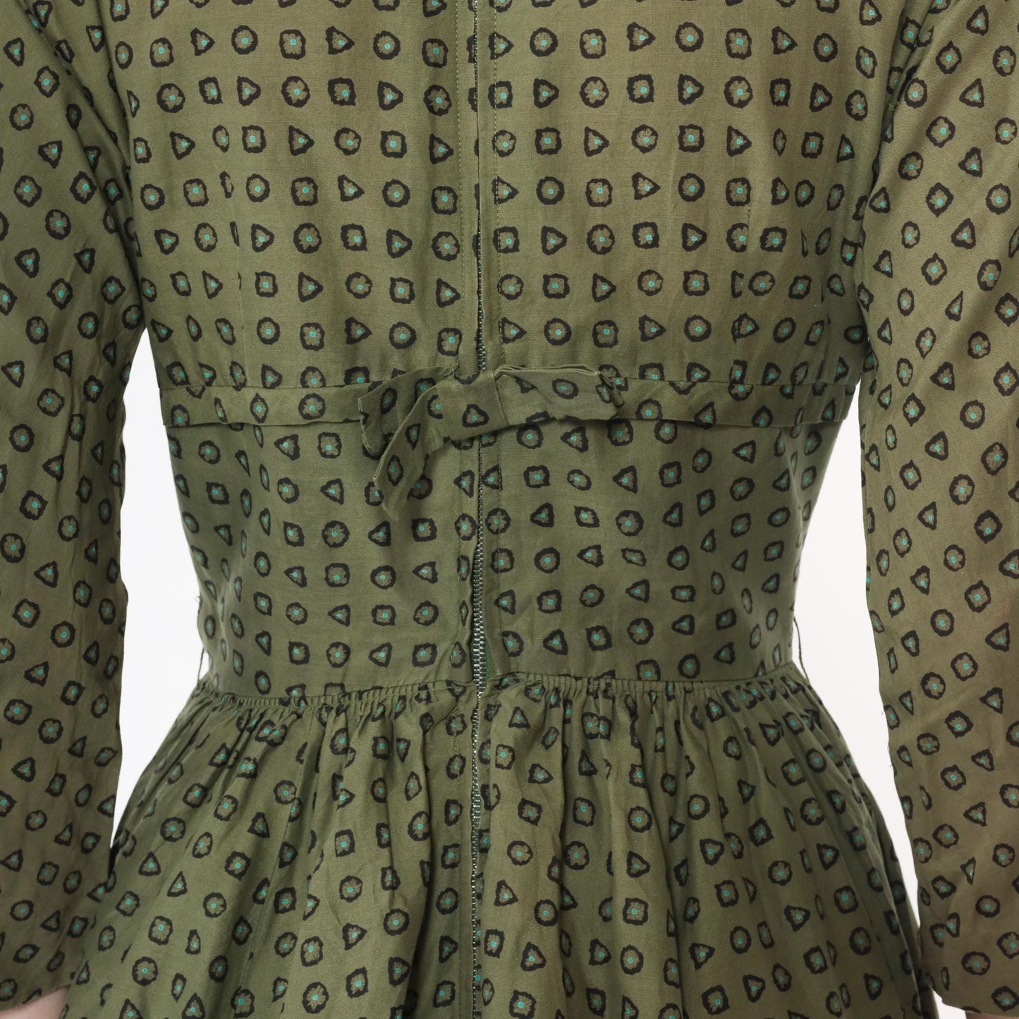 1950s L'Aiglon Fit Flare Dress Olive Green Geometric Peter Pan Collar Midi Extra Small