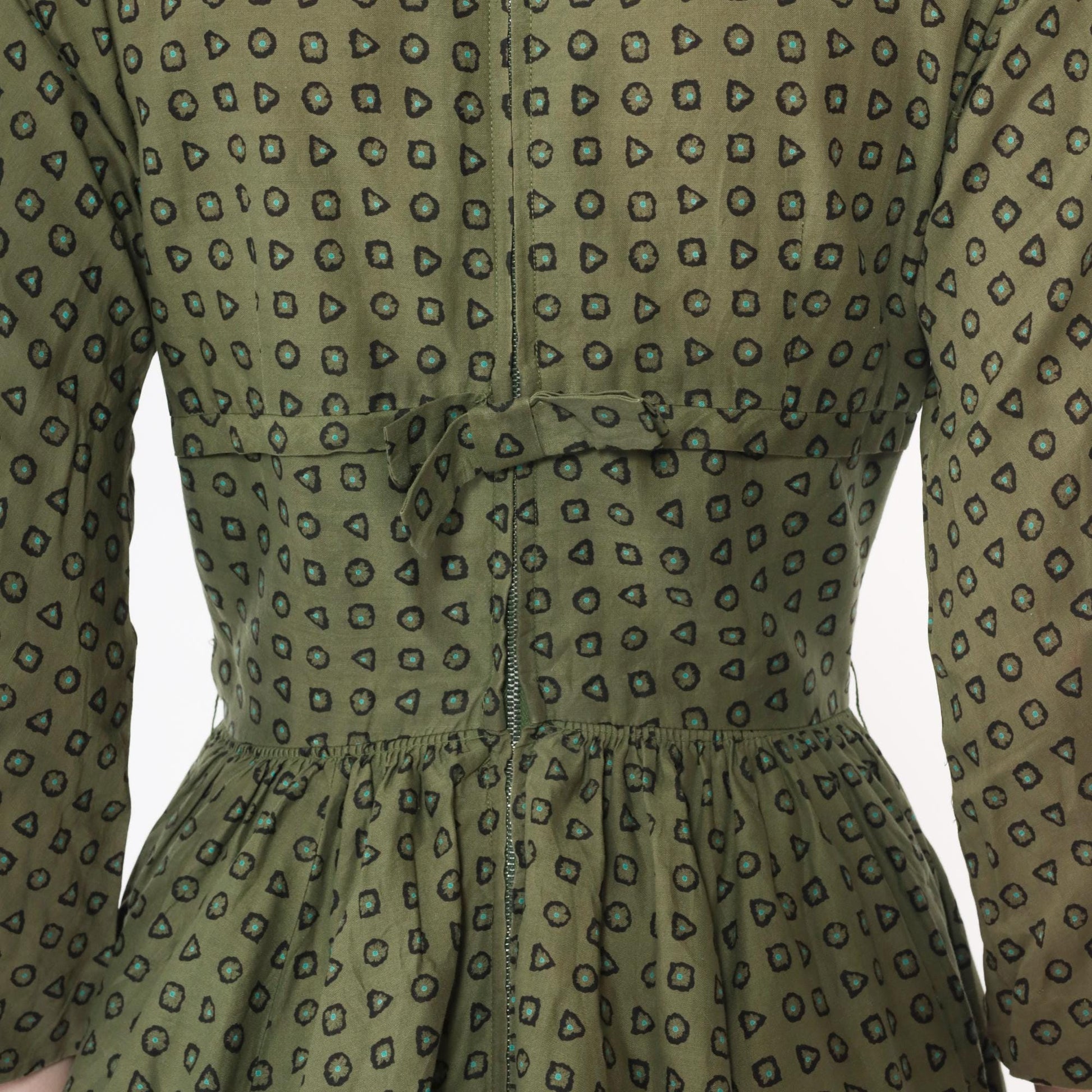 1950s L'Aiglon Fit Flare Dress Olive Green Geometric Peter Pan Collar Midi Extra Small