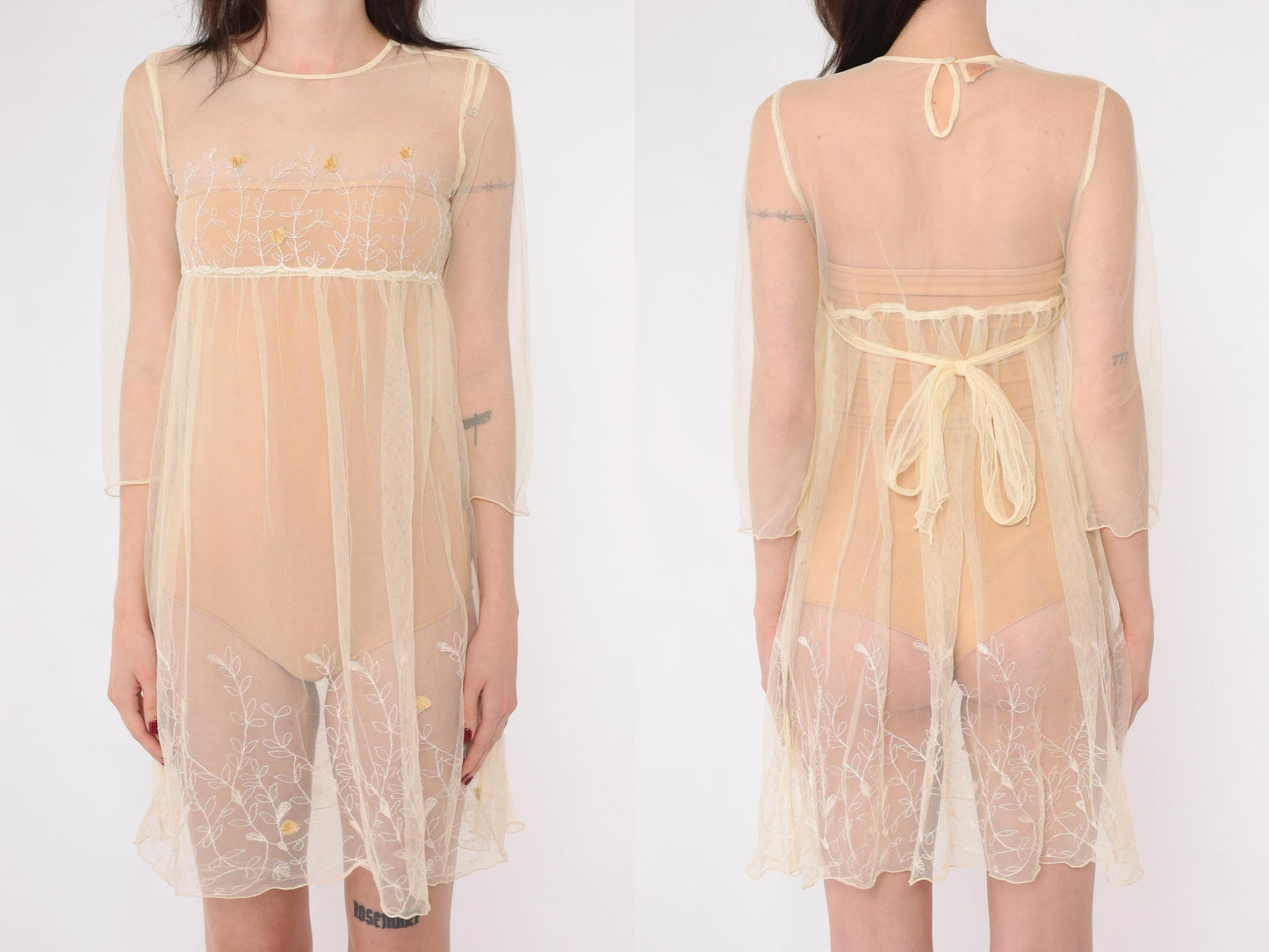 Y2K Cream Embroidered Mesh Mini Dress Empire Waist Long Sleeve Extra Small XS