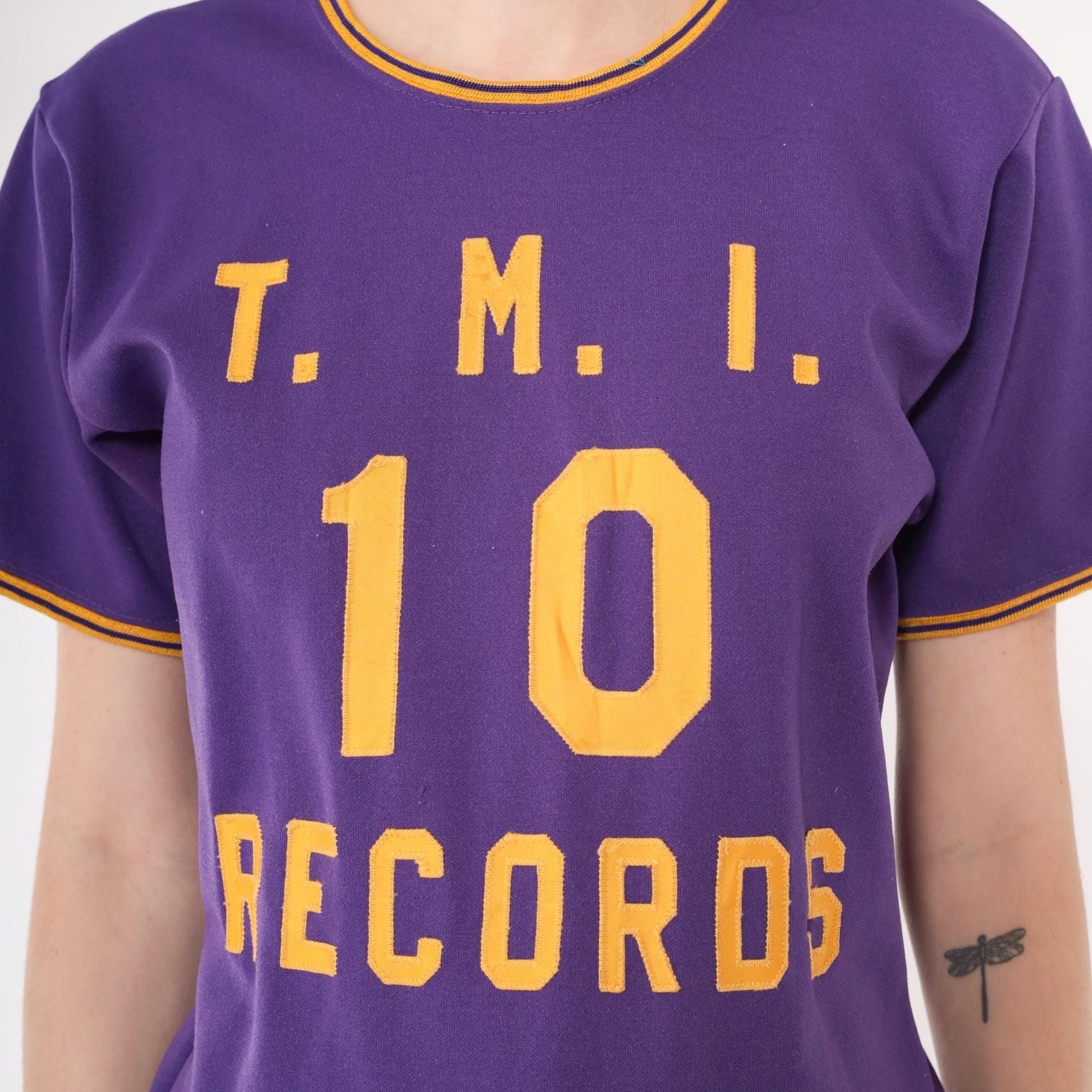 70s TMI Records Ringer Tee Purple Gold Applique Varsity Graphic Small S