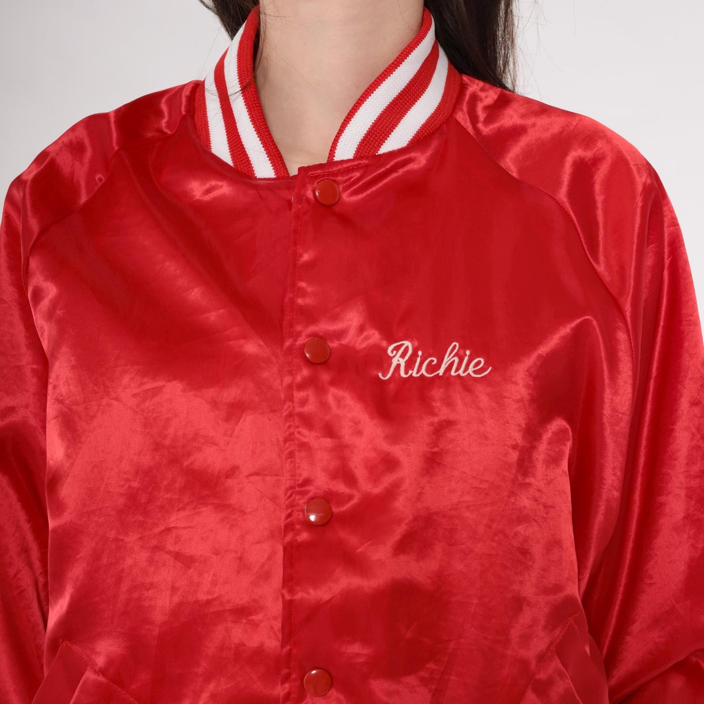 80s Red Satin Bomber Jacket Salem Farms Campground Connecticut Graphic Men's Large
