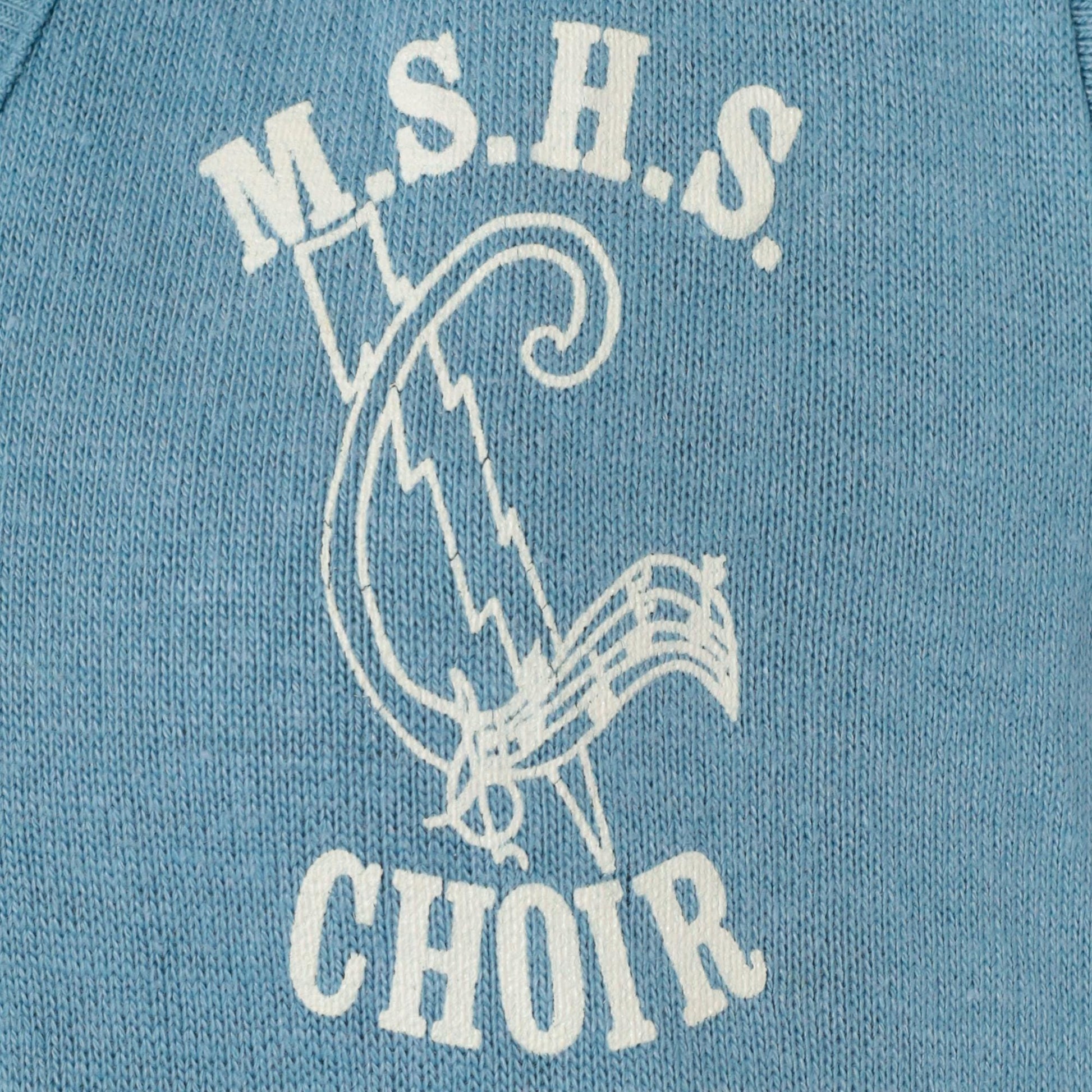 80s MSHS Choir V-Neck Sweater Light Blue Graphic Knit Pullover Small
