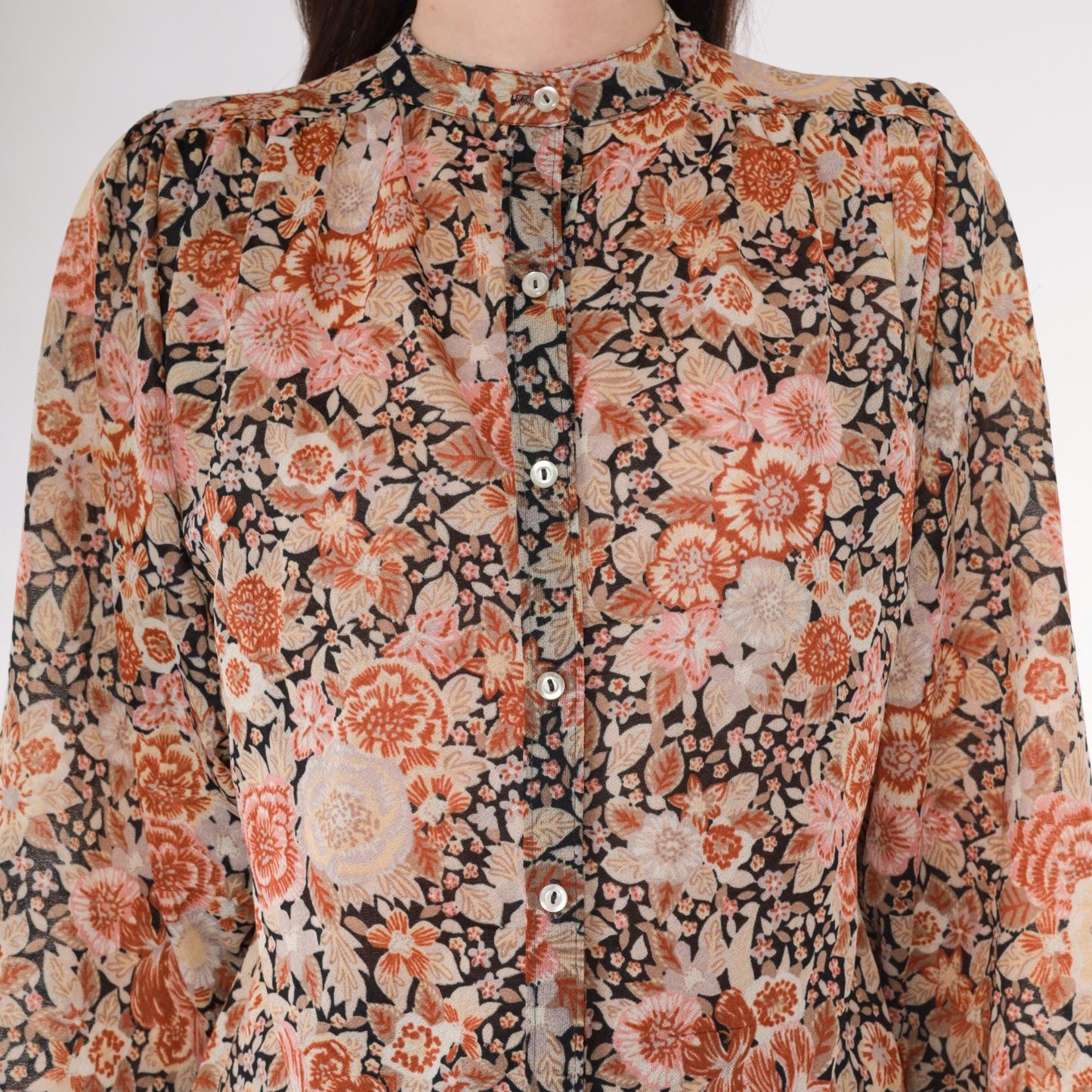 70s Floral Puff Sleeve Button-Up Blouse Burnt Orange Pink Medium M