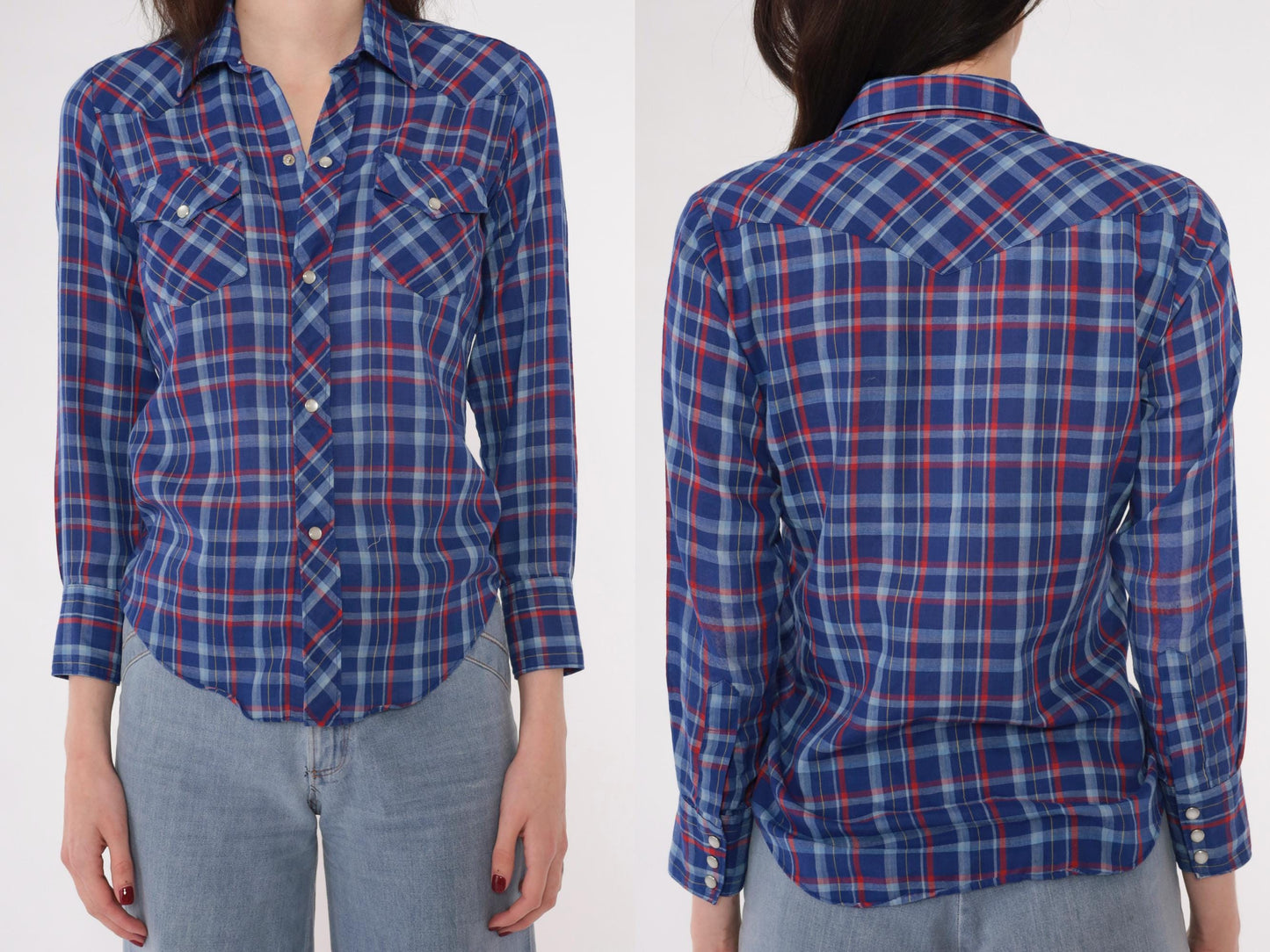80s Royal Blue Red Plaid Western Shirt Pearl Snap Long Sleeve Extra Small XS