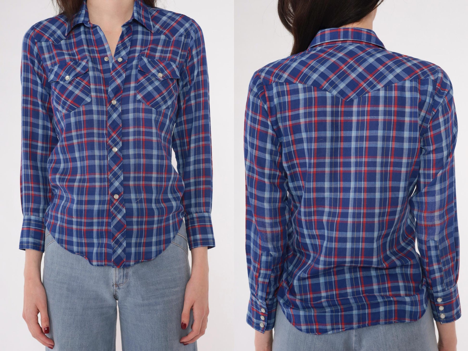 80s Royal Blue Red Plaid Western Shirt Pearl Snap Long Sleeve Extra Small XS