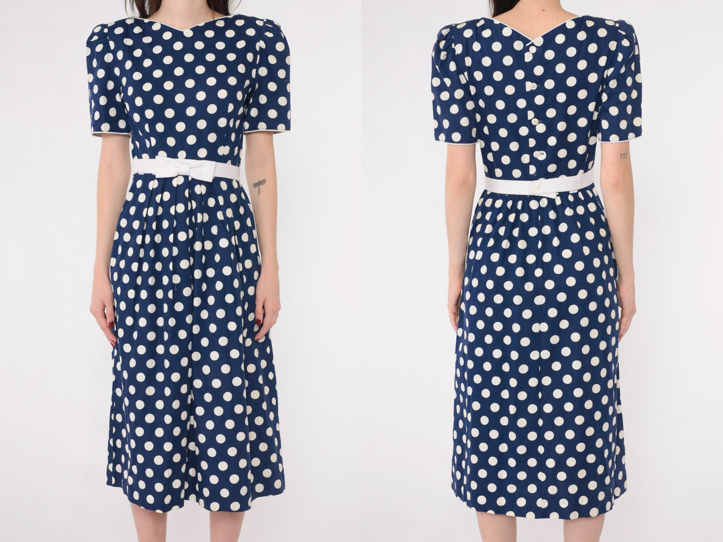 80s Lanz Originals Polka Dot Midi Dress Puff Sleeve Navy Bow Waist Extra Small