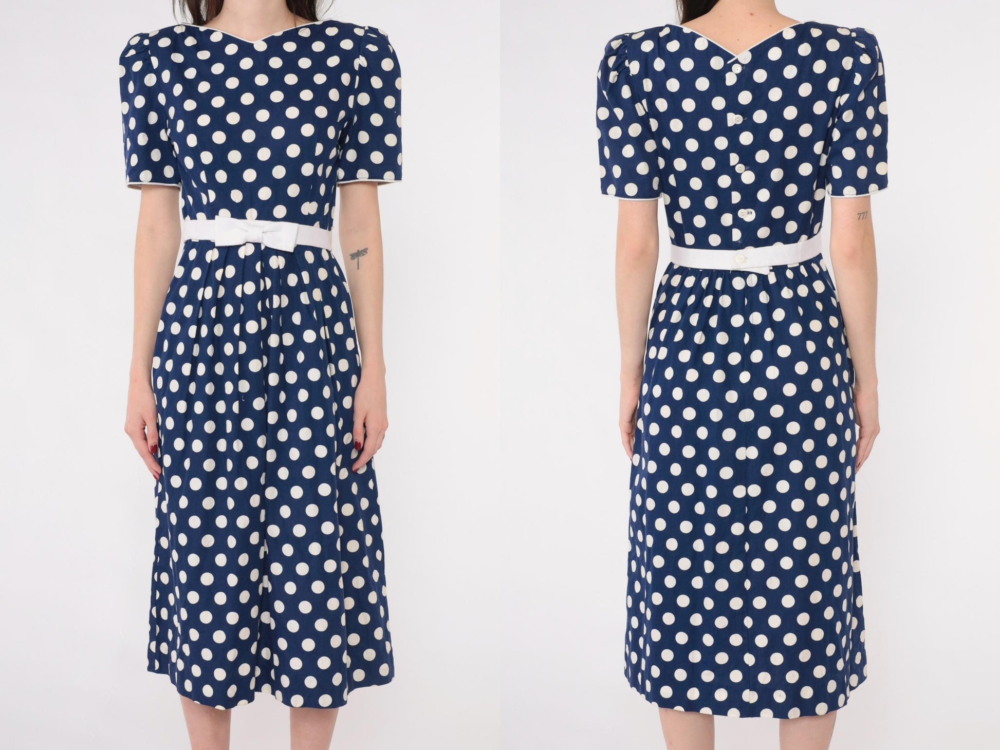 80s Lanz Originals Polka Dot Midi Dress Puff Sleeve Navy Bow Waist Extra Small