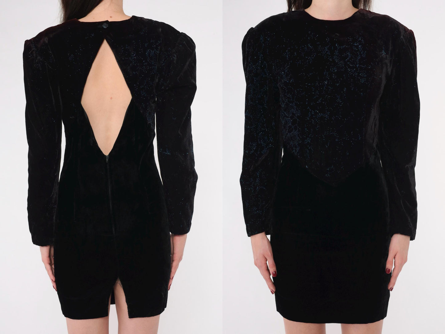 80s Scott McClintock Black Velvet Mini Dress Puff Sleeve Keyhole Back Extra Small