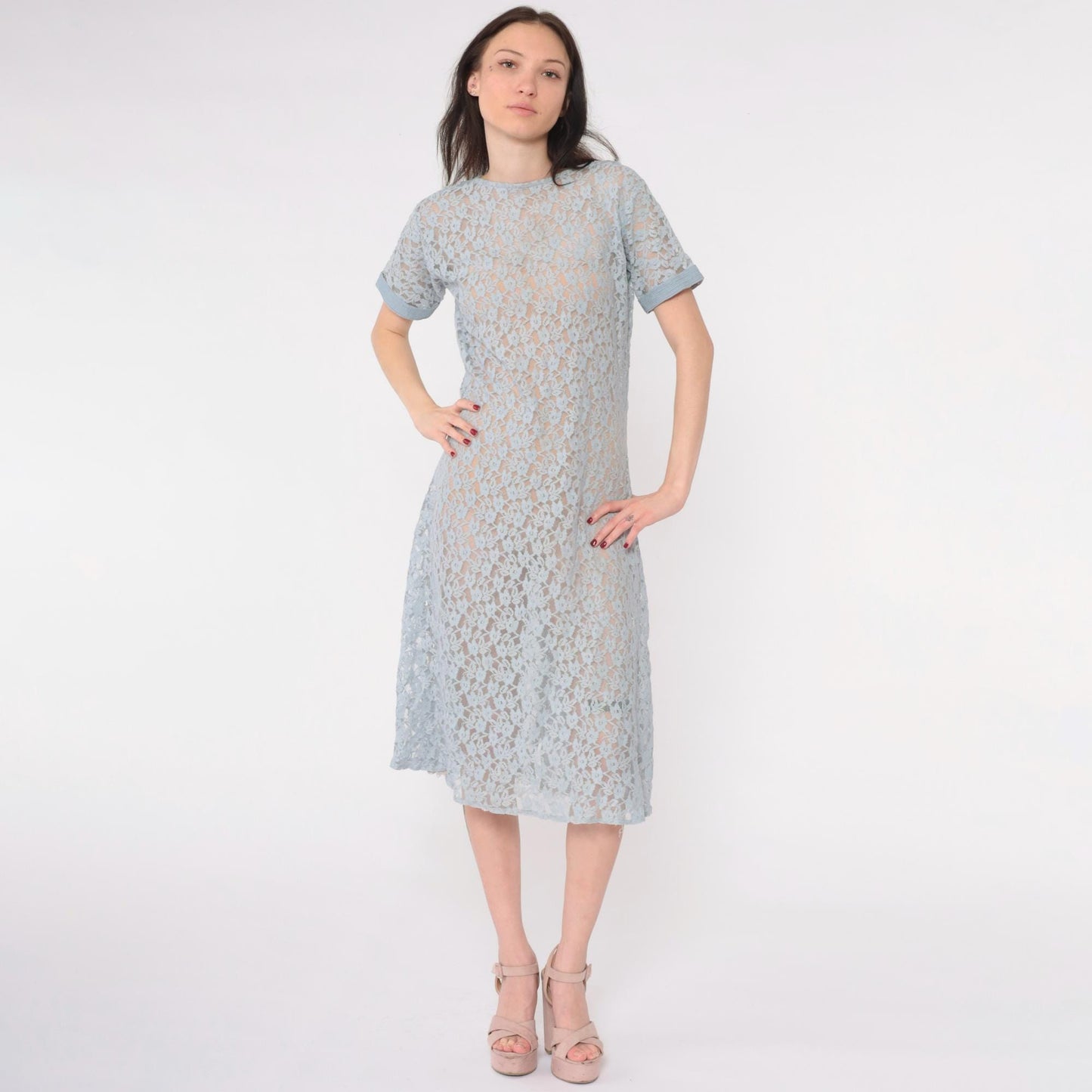 90s Blue Floral Lace Midi Dress Short Sleeve Shift Medium M