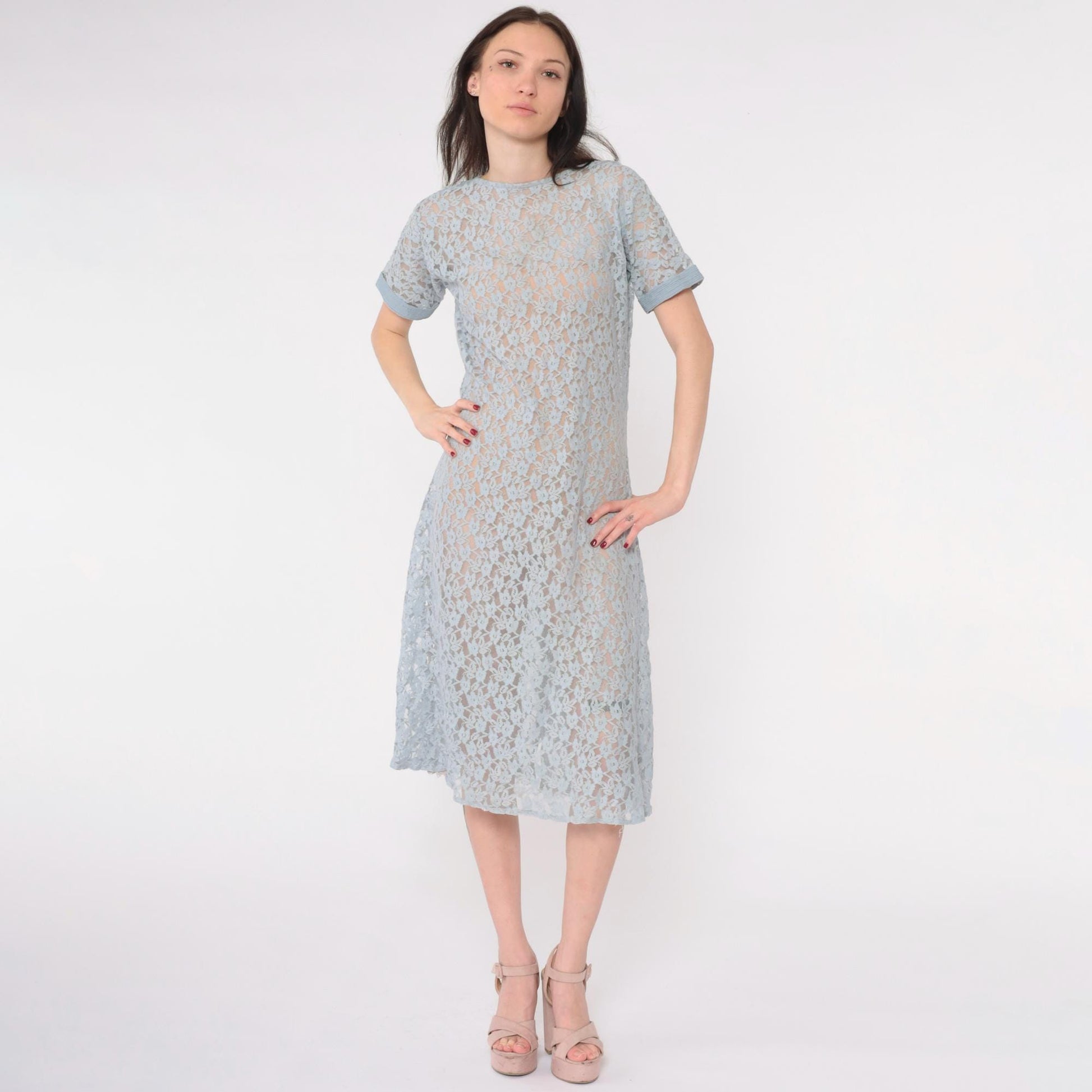 90s Blue Floral Lace Midi Dress Short Sleeve Shift Medium M