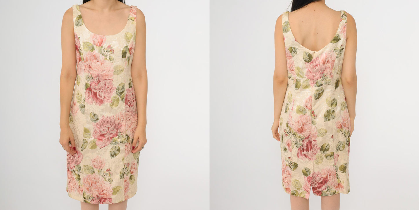90s Newport News Floral Jacquard Sheath Dress Cream Pink Mini Small