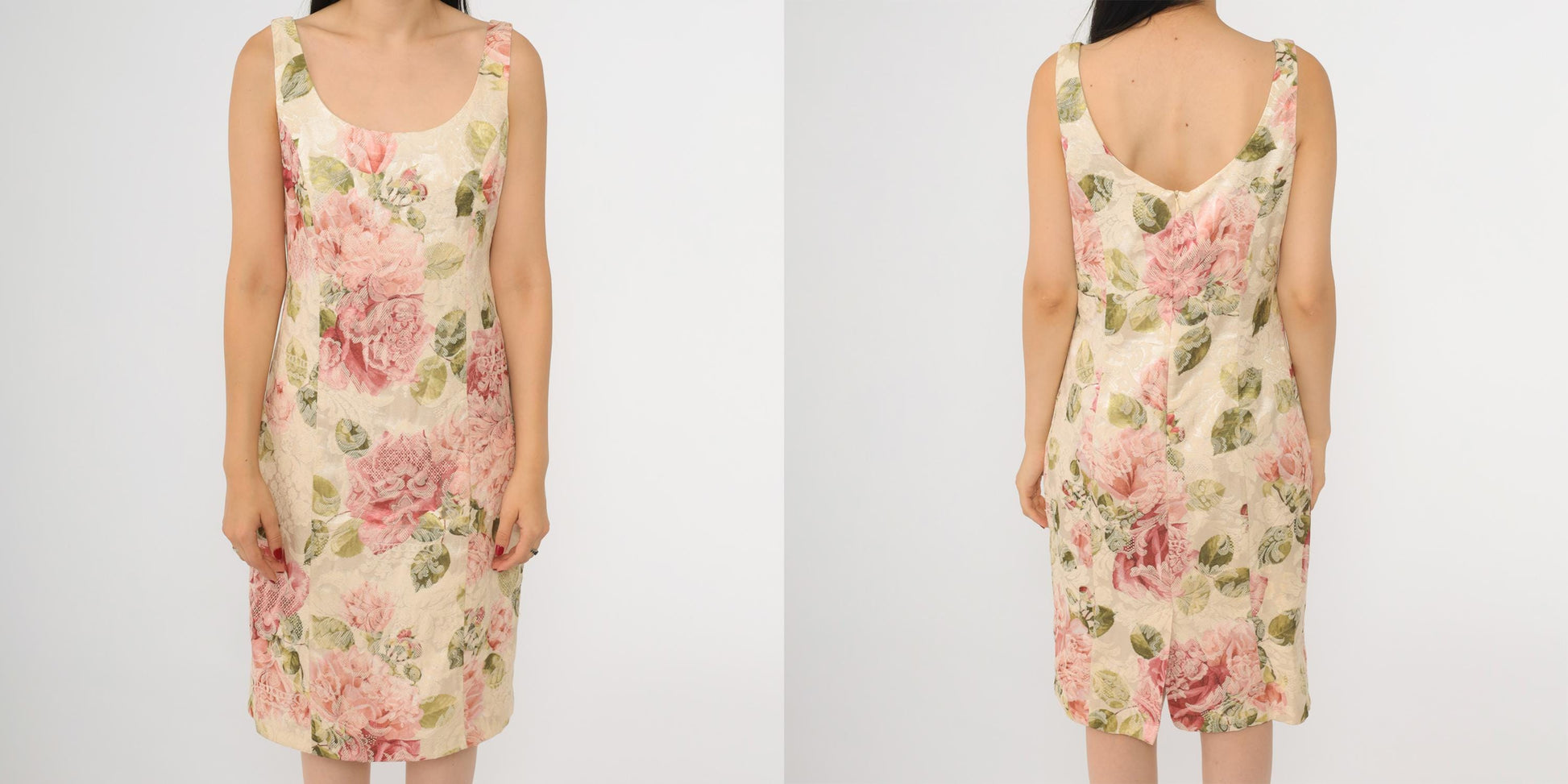 90s Newport News Floral Jacquard Sheath Dress Cream Pink Mini Small