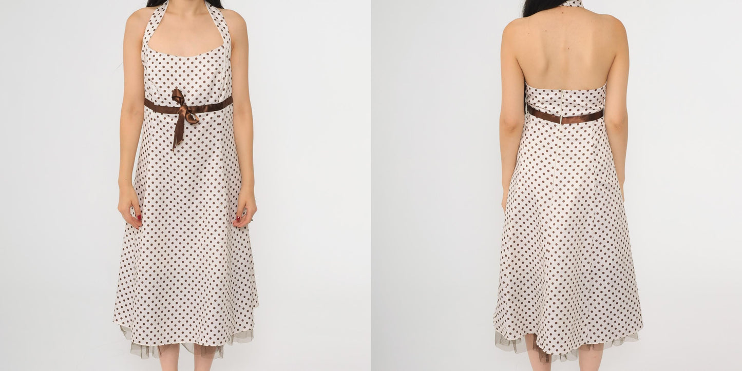 Y2K White Polka Dot Halter Midi Dress Brown Ribbon Bow Empire Waist Large 14