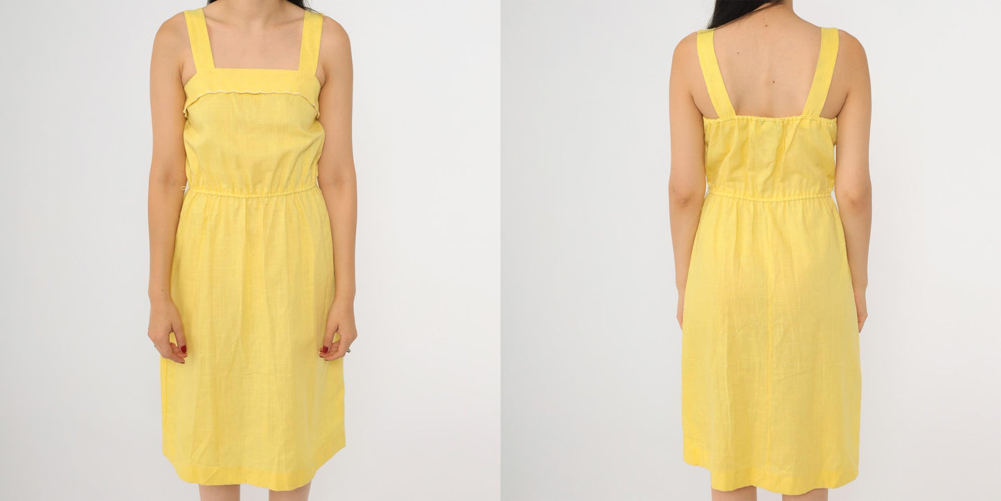 80s Yellow Sleeveless Midi Dress High Waist Square Neck Small S