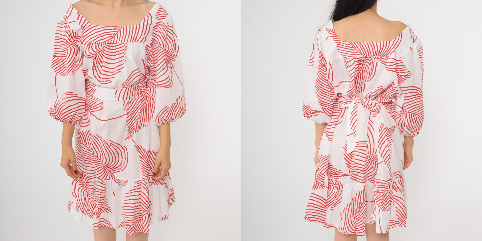 80s Periphery Loungewear Tropical Leaf Print Midi Dress Red White Large L