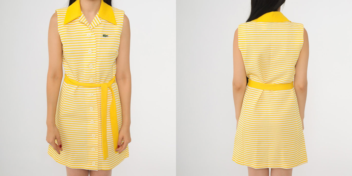 60s Chemise Lacoste Yellow Striped Shift Mini Dress Crocodile Logo Small