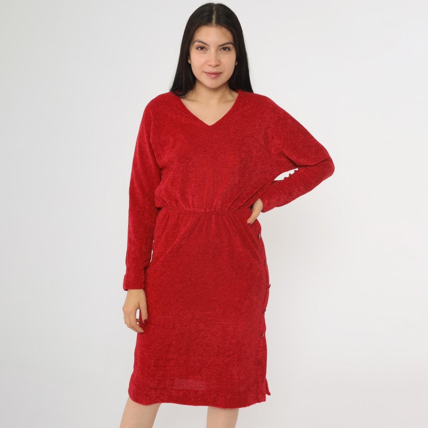 70s Red Terrycloth Midi Dress Dolman Sleeve V-Neck High Waist Small S