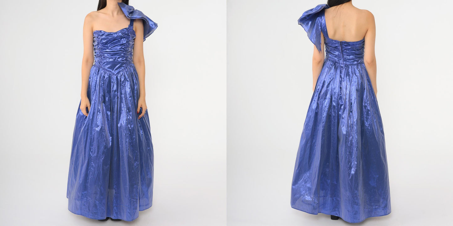 80s Gunne Sax Metallic Purple Taffeta One-Shoulder Ball Gown Maxi Extra Small