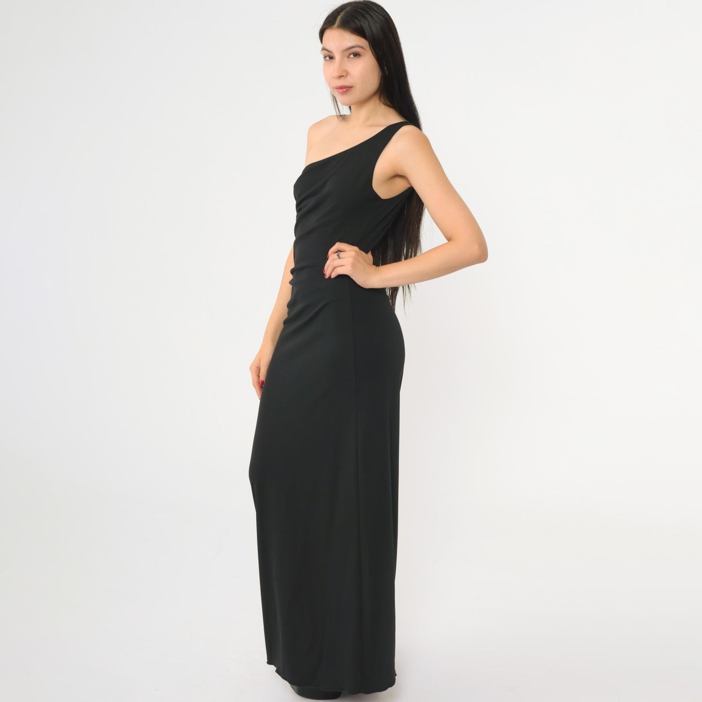 Y2K Black One-Shoulder Maxi Dress White Ruffled Column Bodycon Small