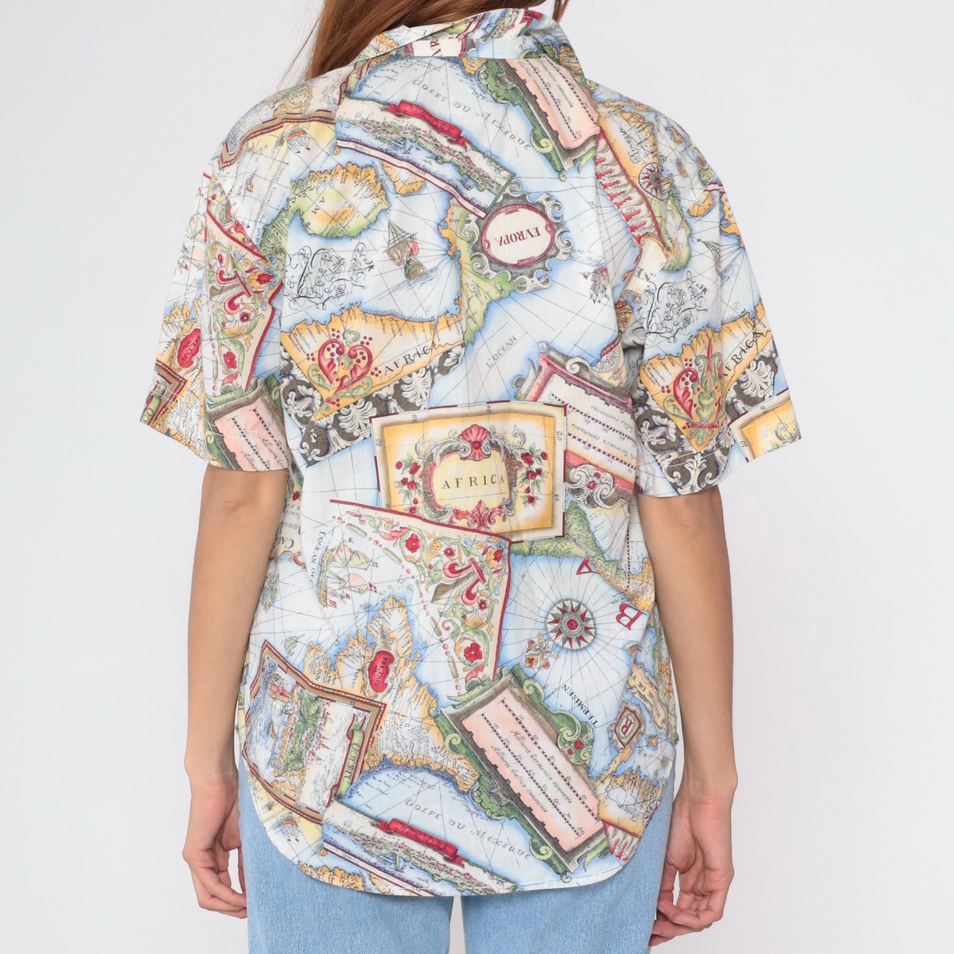 90s Lizwear Africa Map Print Cotton Button Up Shirt Small S
