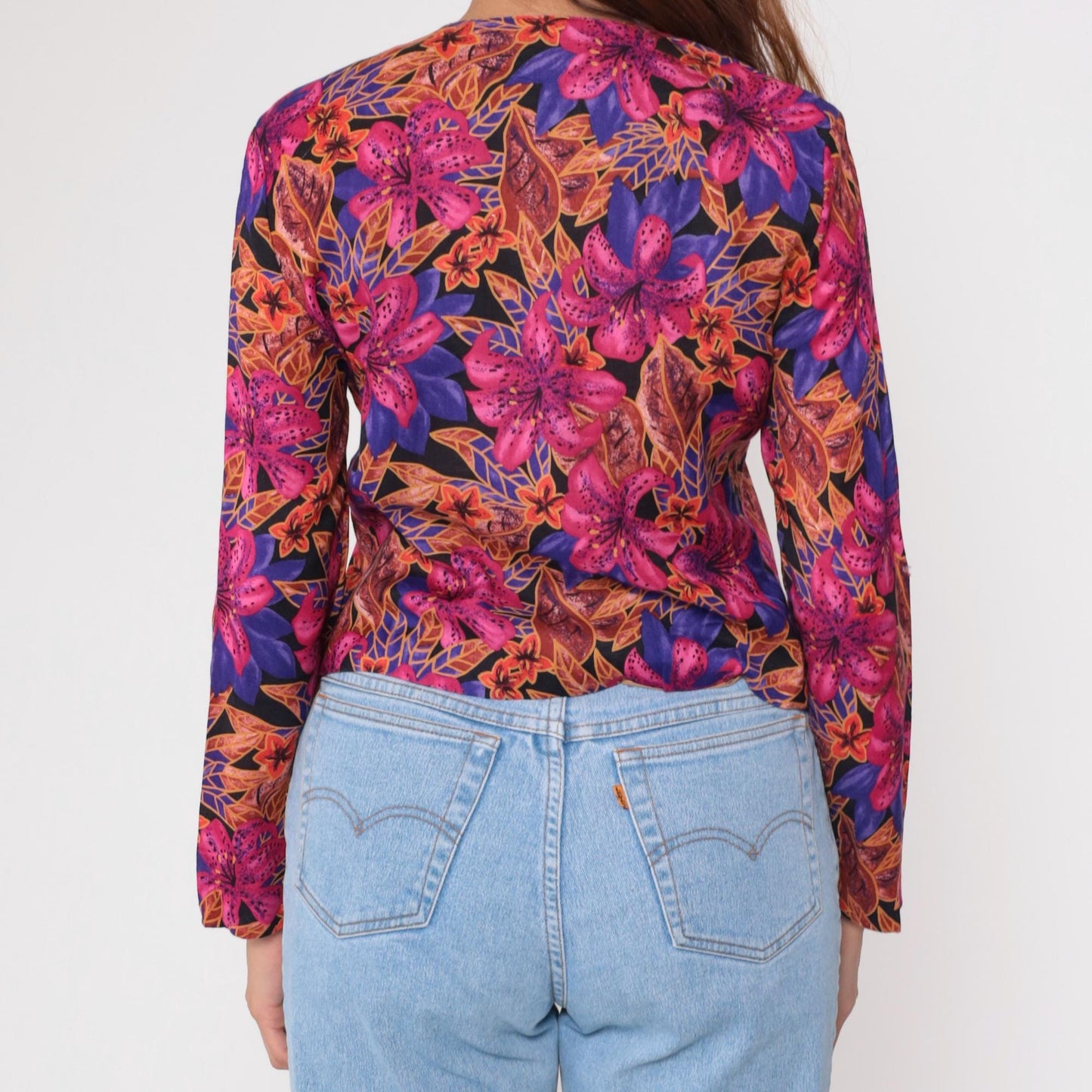 80s Norton McNaughton Tropical Floral Button-Up Blouse Fuchsia Small