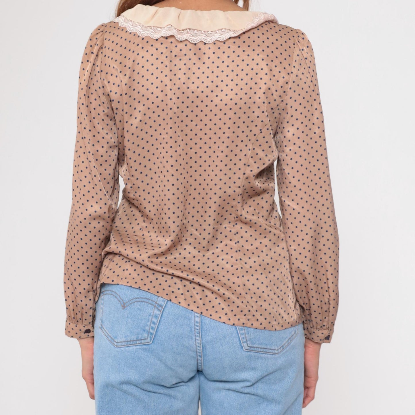 Y2K Beige Polka Dot Blouse Navy Ruffled Collar Lace Trim Button Up Large L