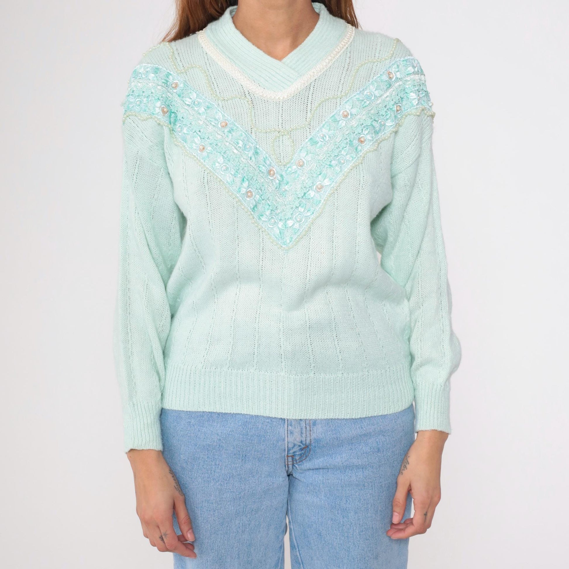 80s Seafoam Pearl Beaded Chevron Sweater Shawl Collar Knit Small