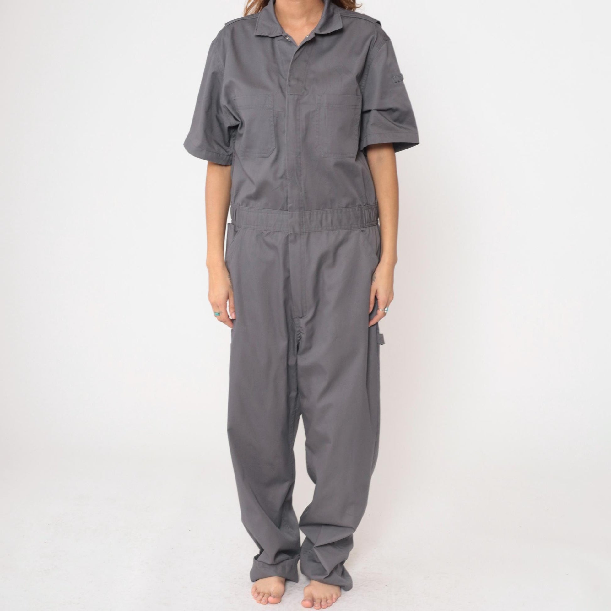 Y2K CQR Grey Utility Coveralls Short Sleeve Cargo Jumpsuit Medium M