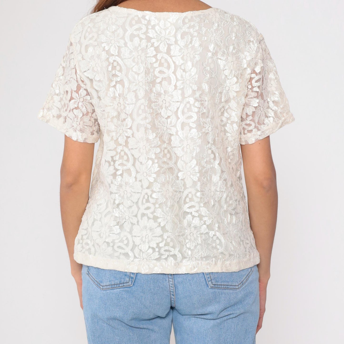 90s Cream Lace Blouse Sheer Sleeve Scoop Neck Party Top Large L