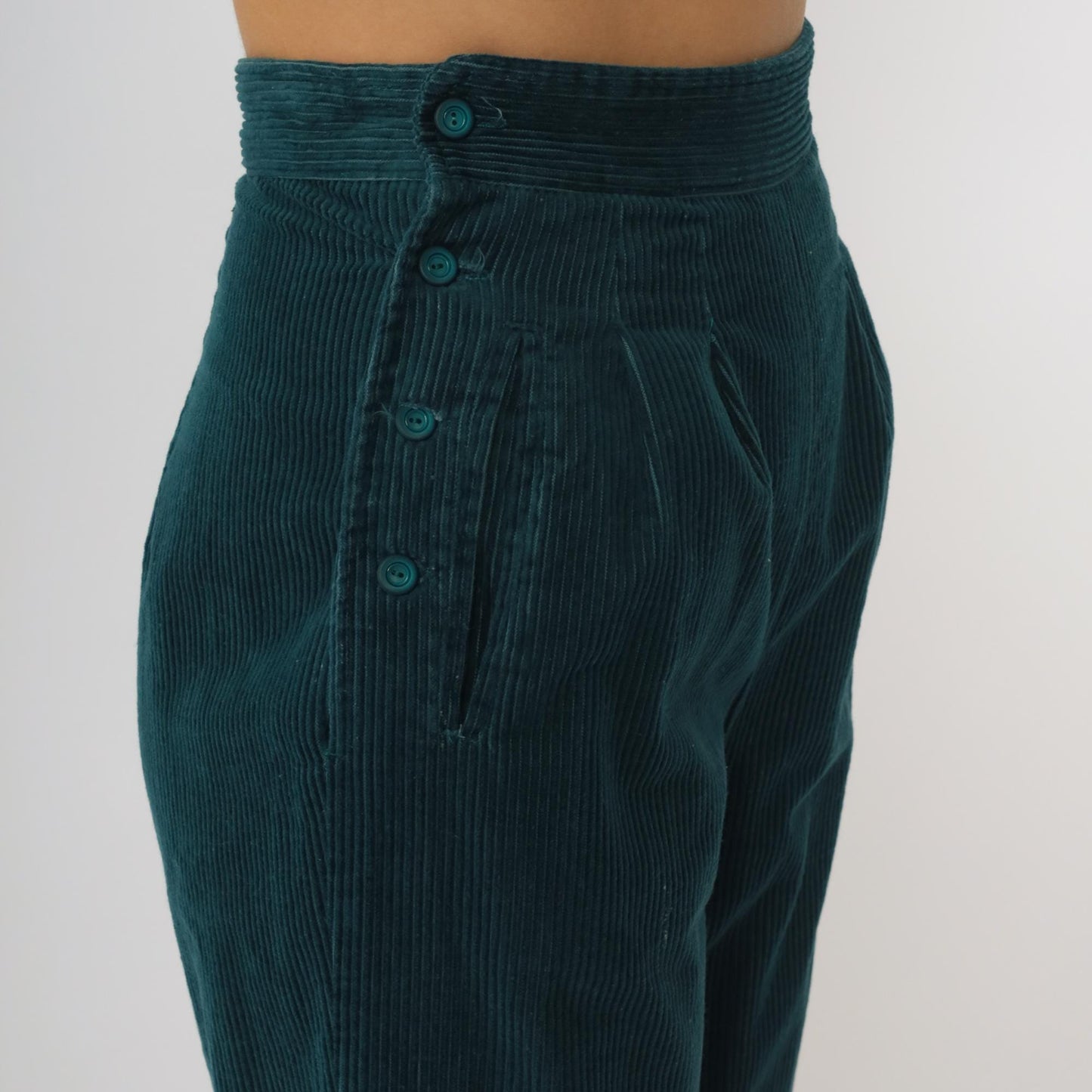 80s Emerald Green Corduroy High-Waisted Tapered Pants Button Fly XS