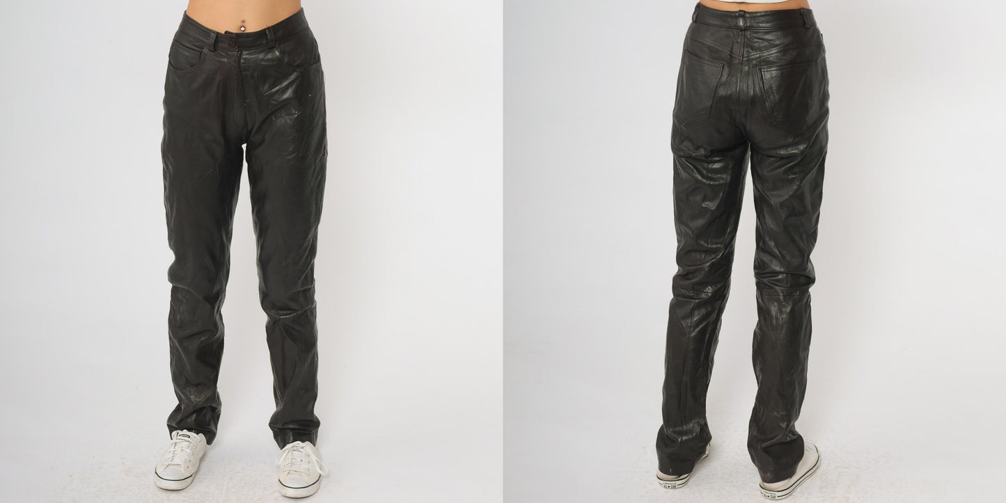 90s New Frontier Brown Leather Pants High Rise Straight Leg Extra Small