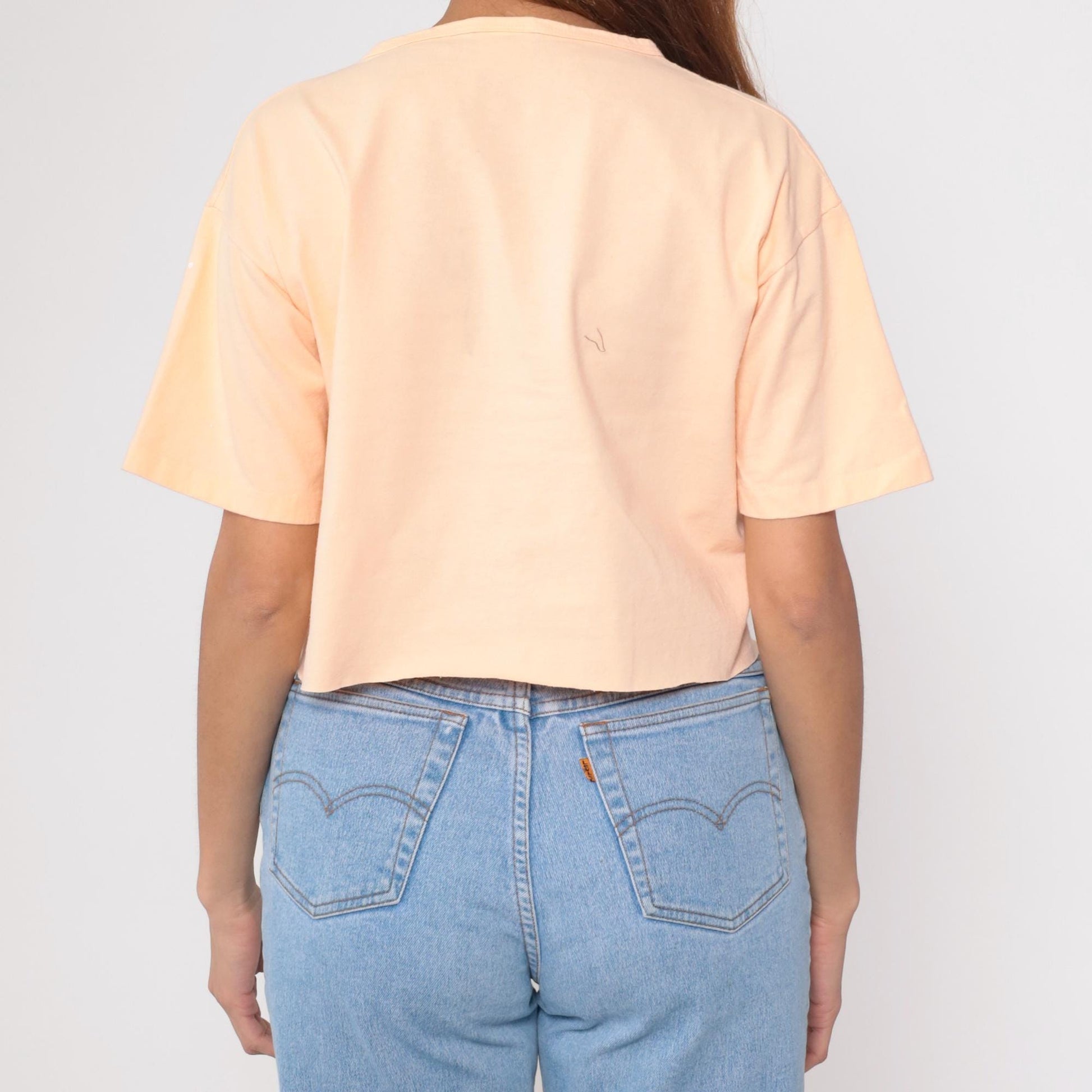 90s Anvil Tropical Floral Crop Tee Peach Hibiscus Raw Hem Medium