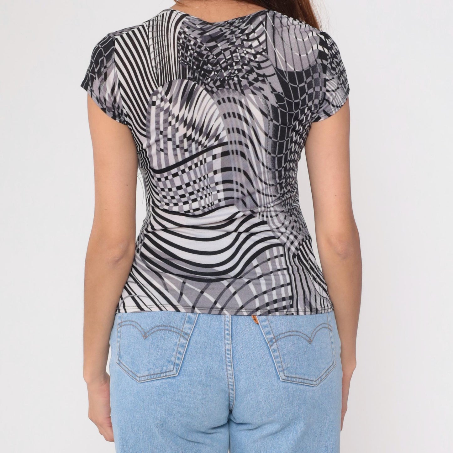 Y2K Op Art Striped Faux Wrap Top Deep V Neck Black Grey White Large L