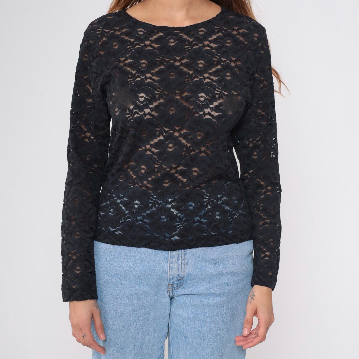 90s Sheer Black Floral Lace Long Sleeve Blouse Small S