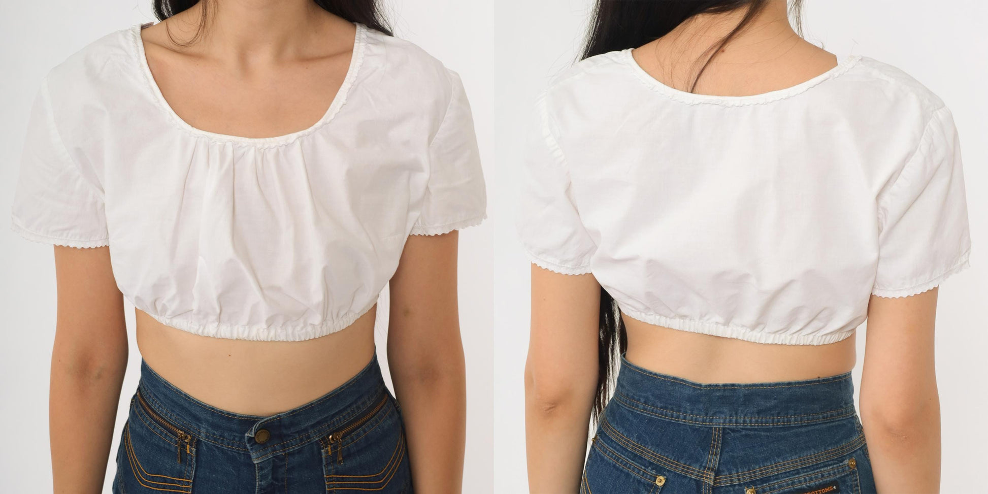 90s White Peasant Crop Top Milkmaid Scoop Neck Blouse Extra Small