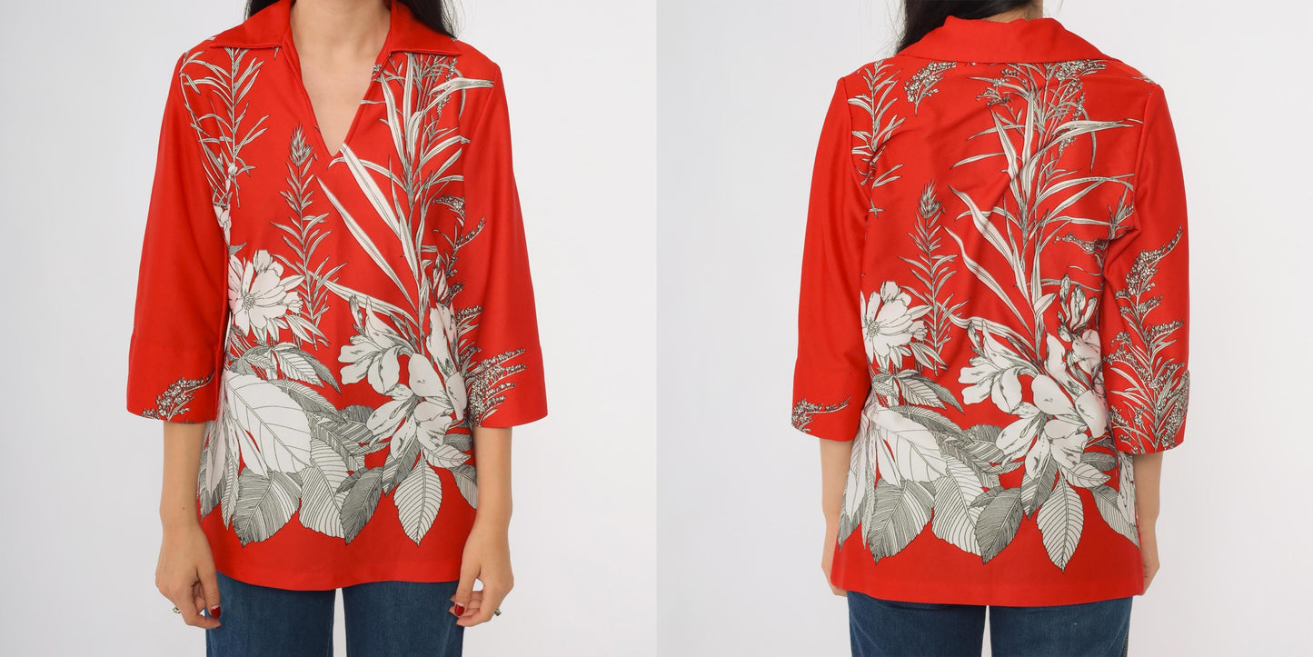 70s Teddi of California Floral Shirt Red Dagger Collar V-Neck Blouse Medium M