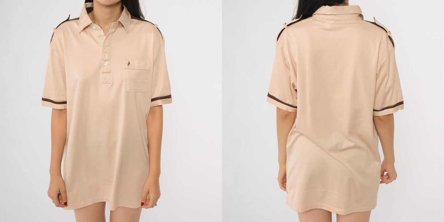 80s Bronzini Beige Polo Shirt Unicorn Emblem Epaulet Medium Tall