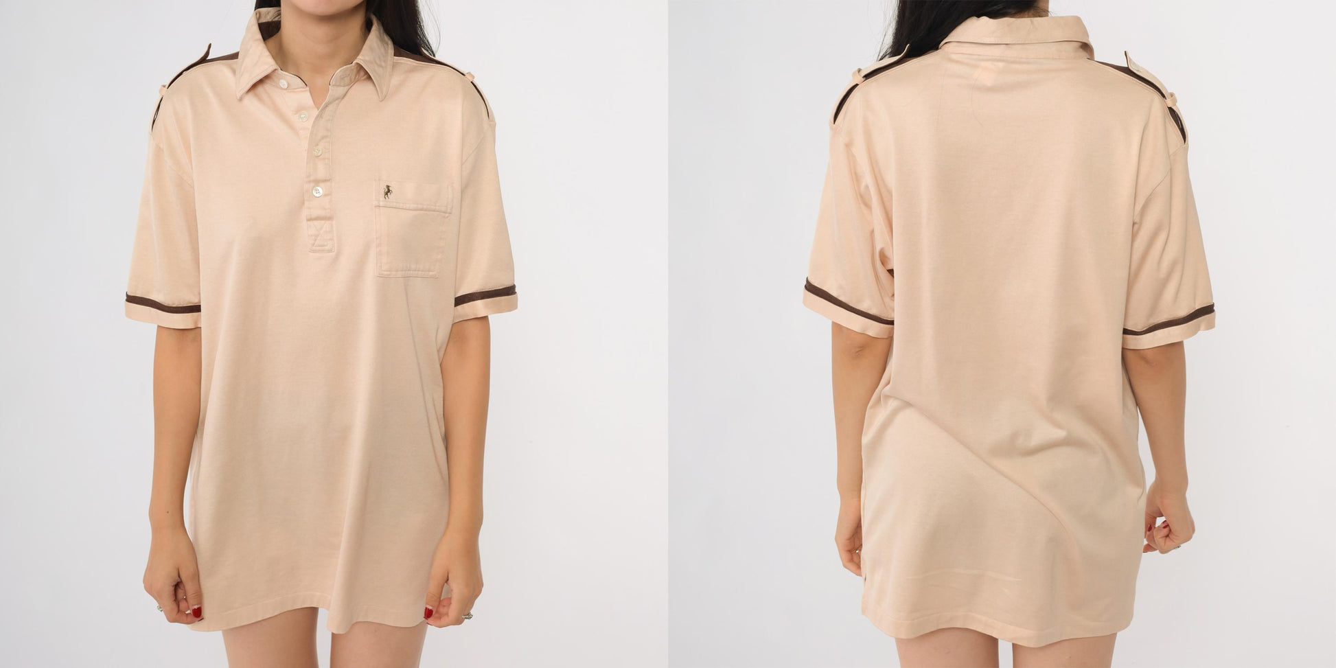 80s Bronzini Beige Polo Shirt Unicorn Emblem Epaulet Medium Tall