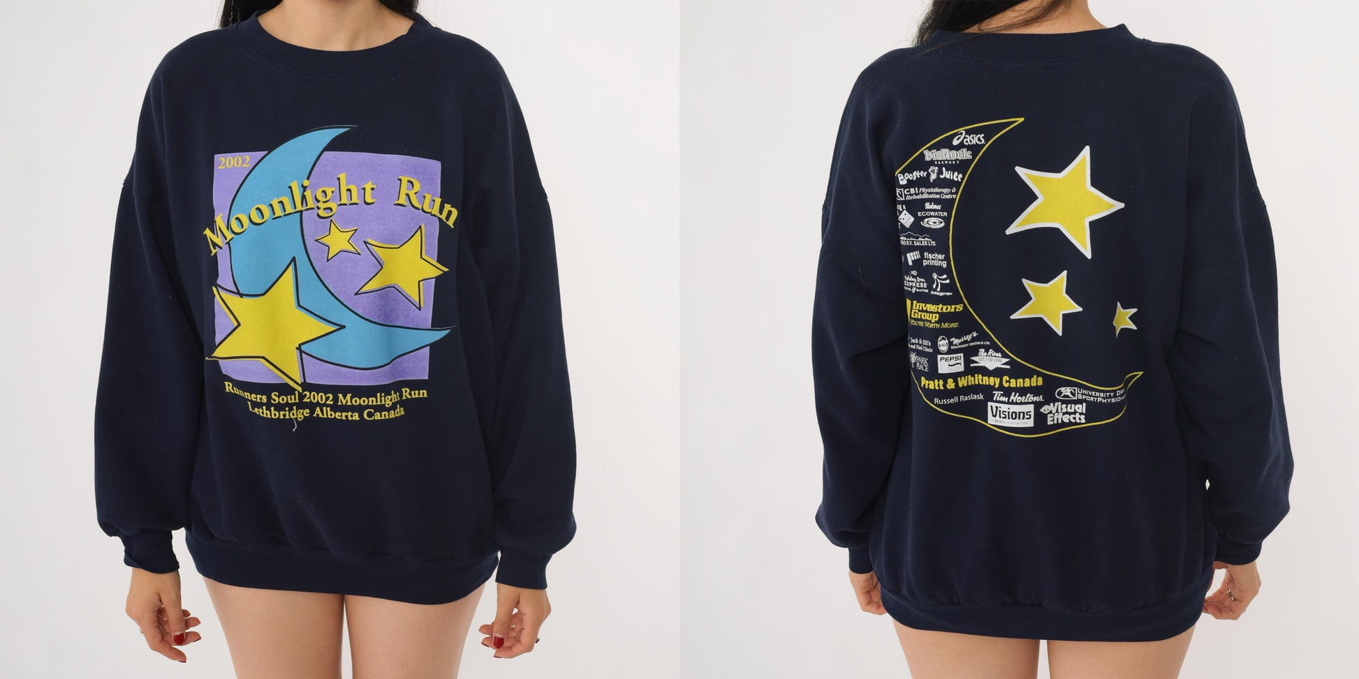 2002 Moonlight Run Lethbridge Alberta Sweatshirt Navy Celestial Graphic Medium