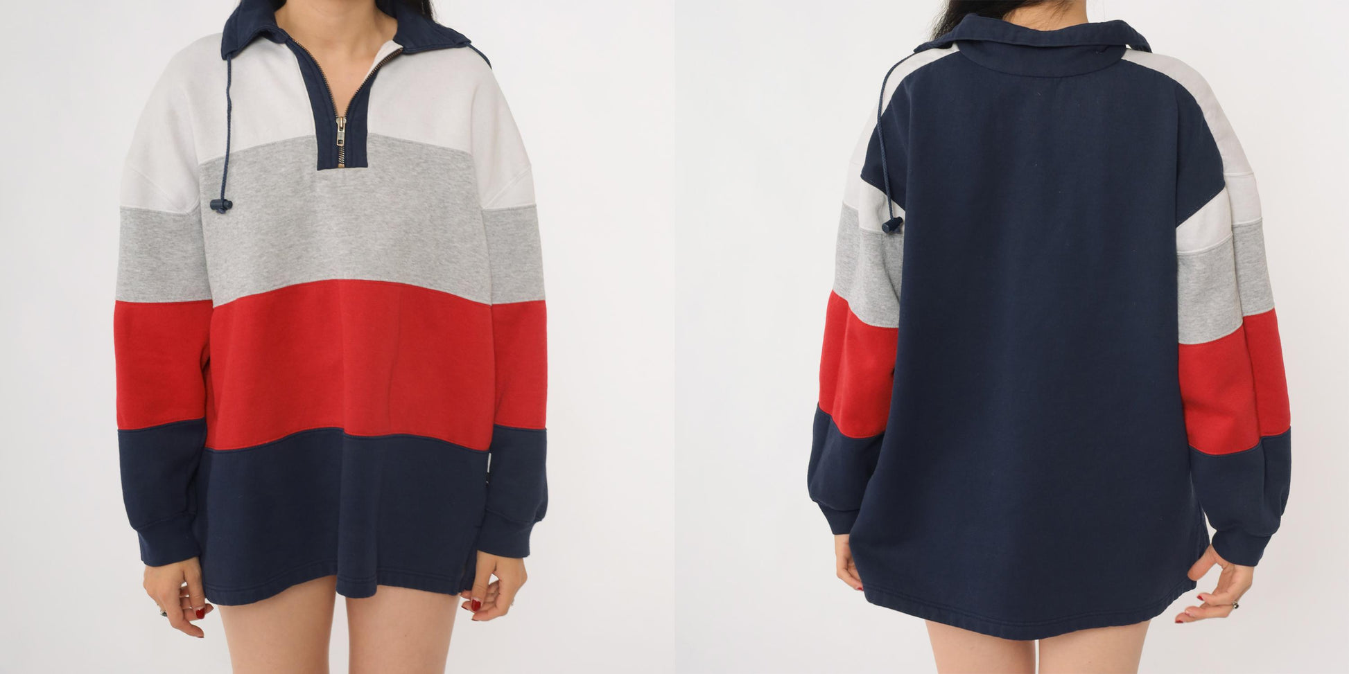 90s Color Block Quarter Zip Sweatshirt Grey Navy Red Striped Large L