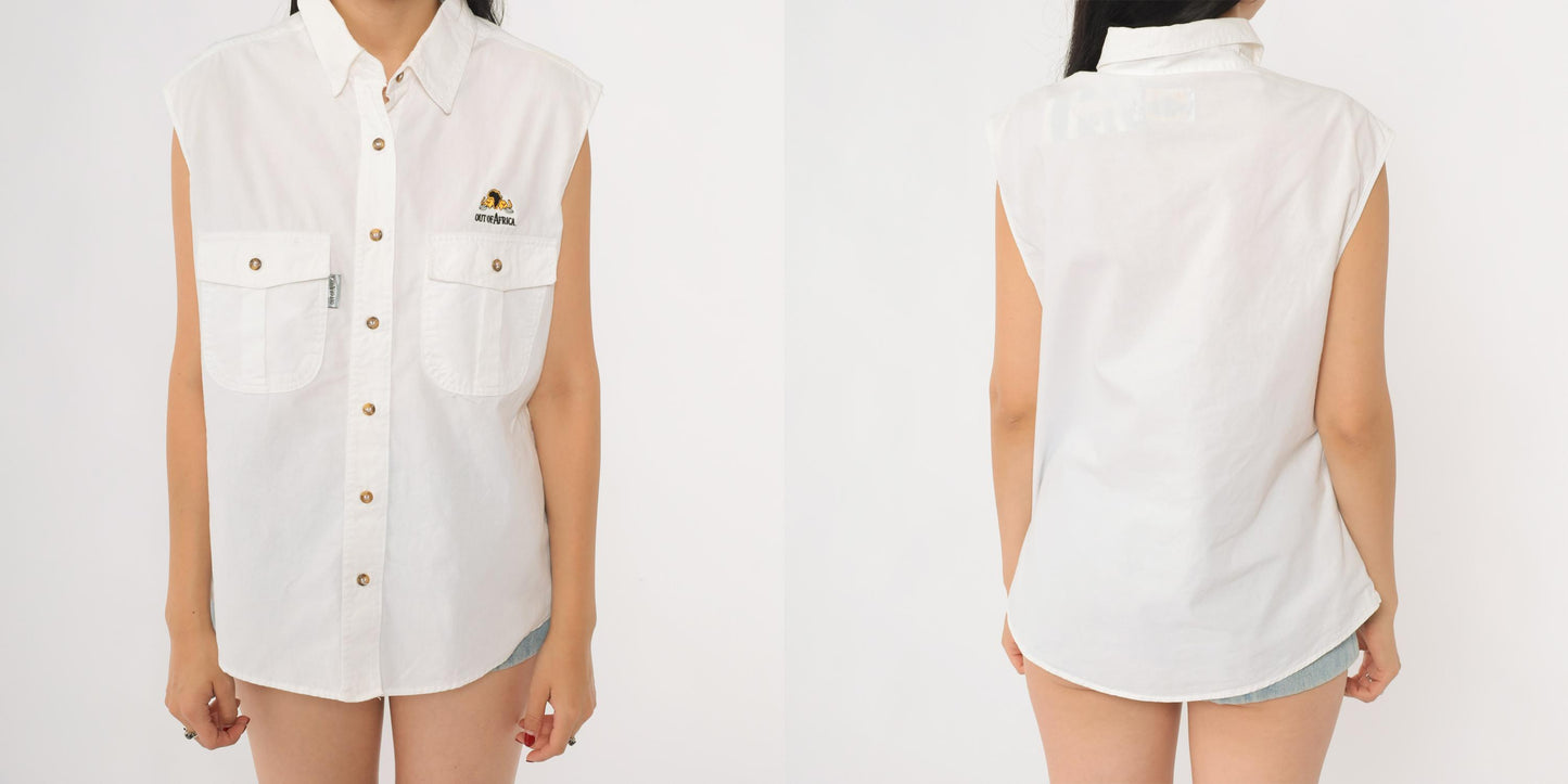 90s Out of Africa Safari Shirt White Sleeveless Button Up Embroidered Elephant Large