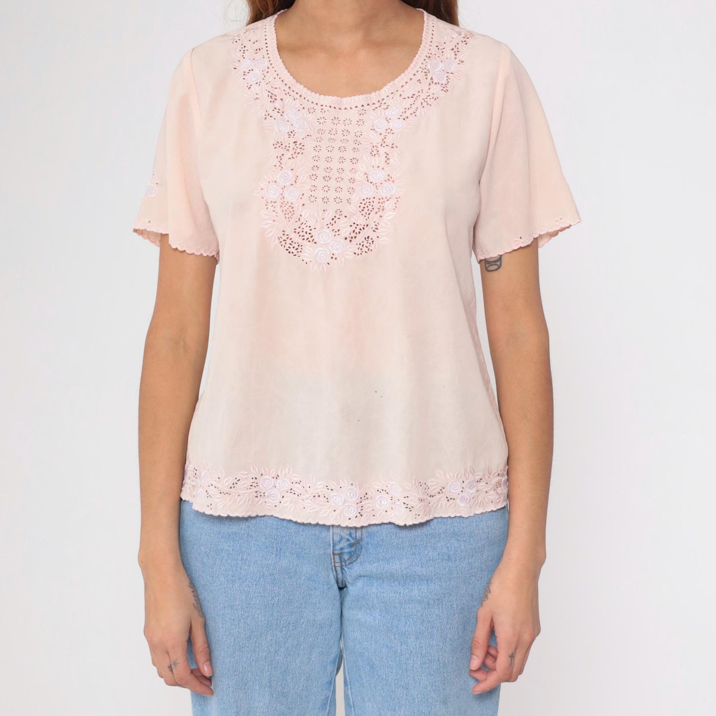 80s Baby Pink Floral Embroidered Cutout Blouse Small S