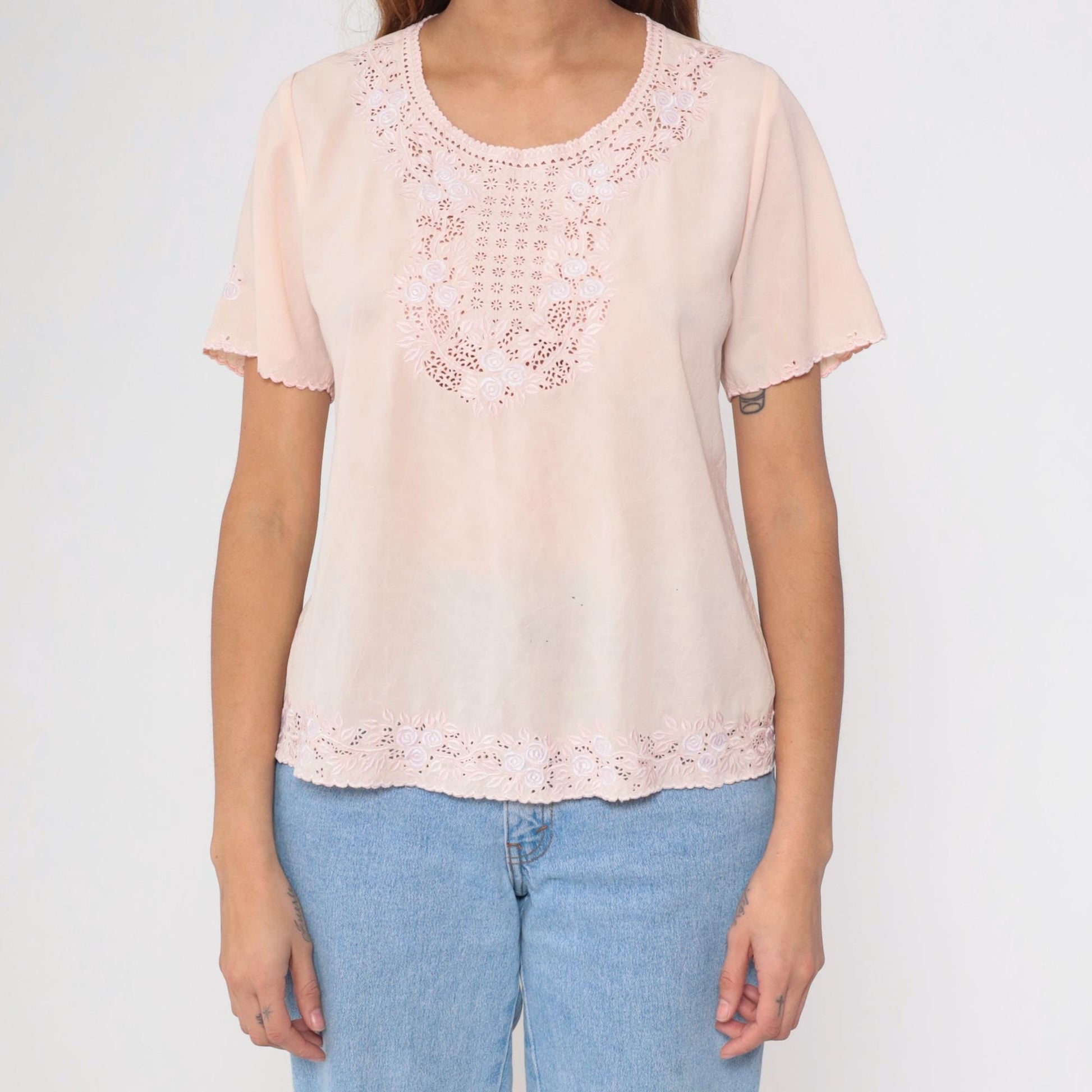 80s Baby Pink Floral Embroidered Cutout Blouse Small S